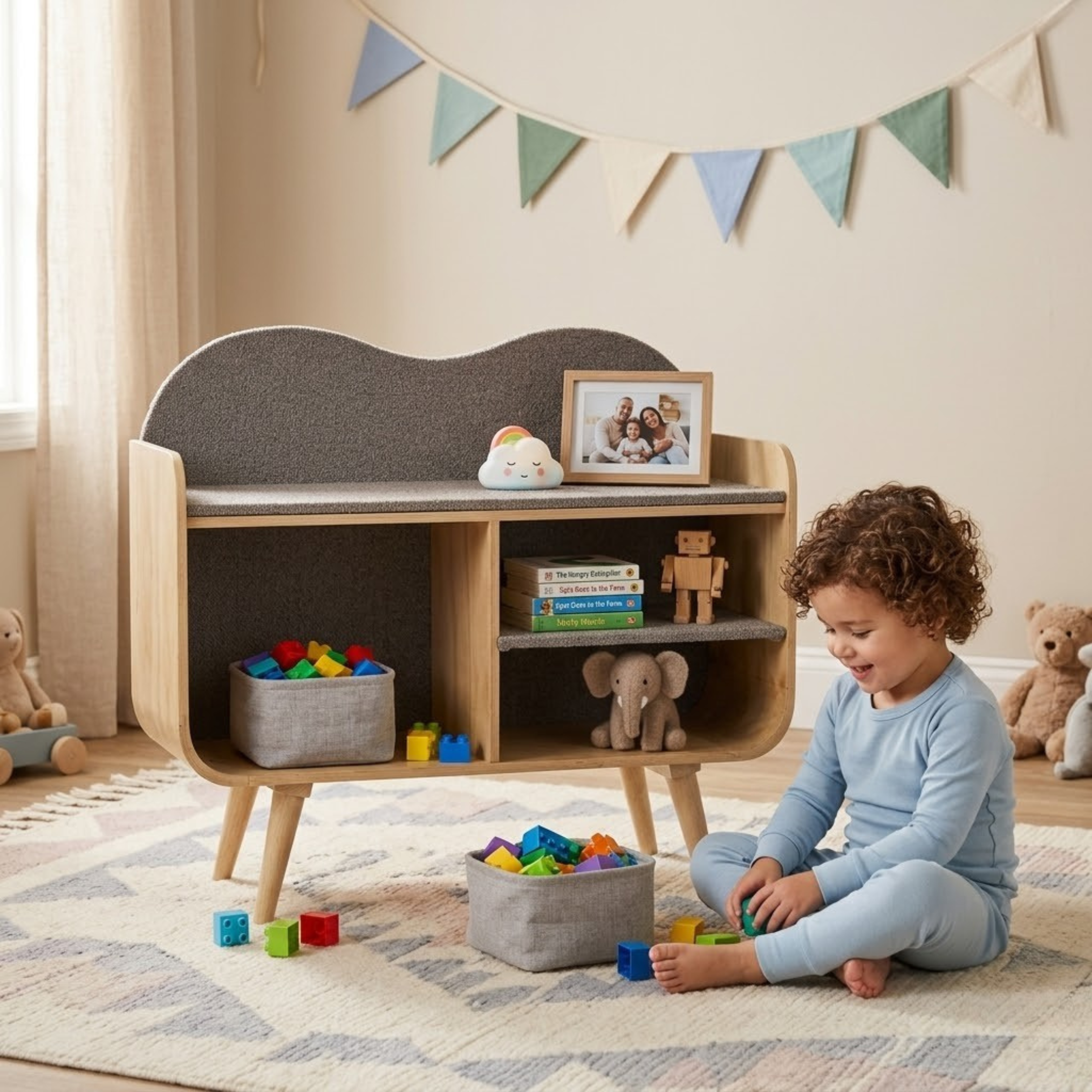 Caddy Wooden Kids Storage Bookshelf in grey finish styled in a cozy kids playroom with toys and books
