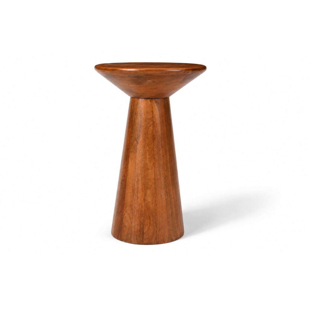 Front view of Calyx sculptural wooden accent table in brown wood finish