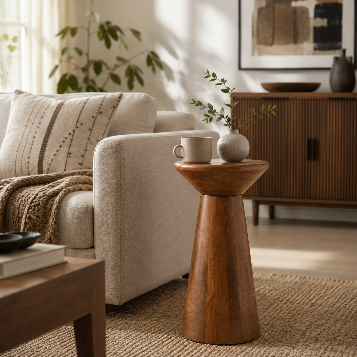 A rustic wooden pedestal side table in a warm medium brown finish, styled in a bright, modern living room next to a beige sofa with a white ceramic mug and small vase on top.