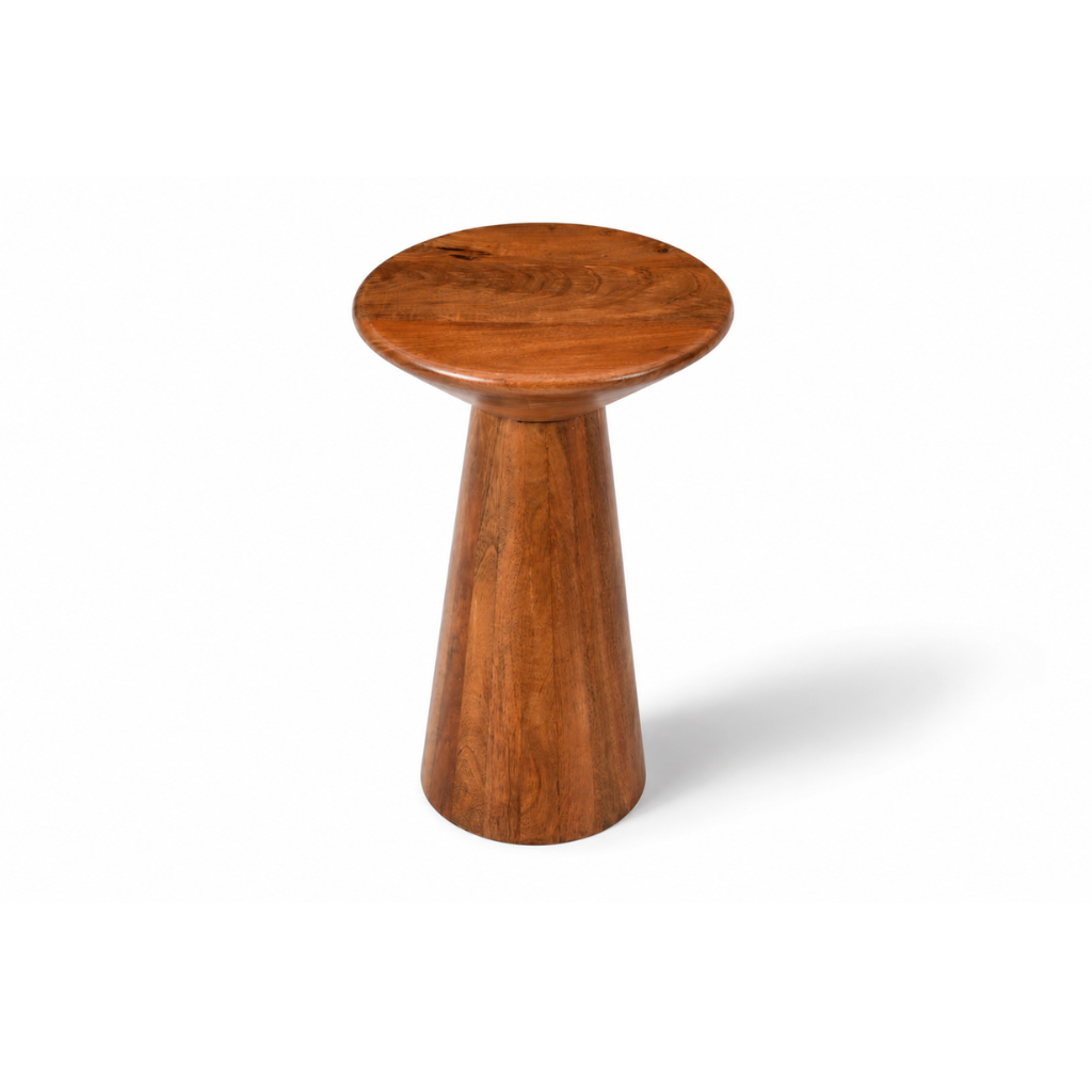 A round wooden stool with a tapered cylindrical base, made from medium brown wood with visible grain patterns, shown on a white background with a soft shadow.