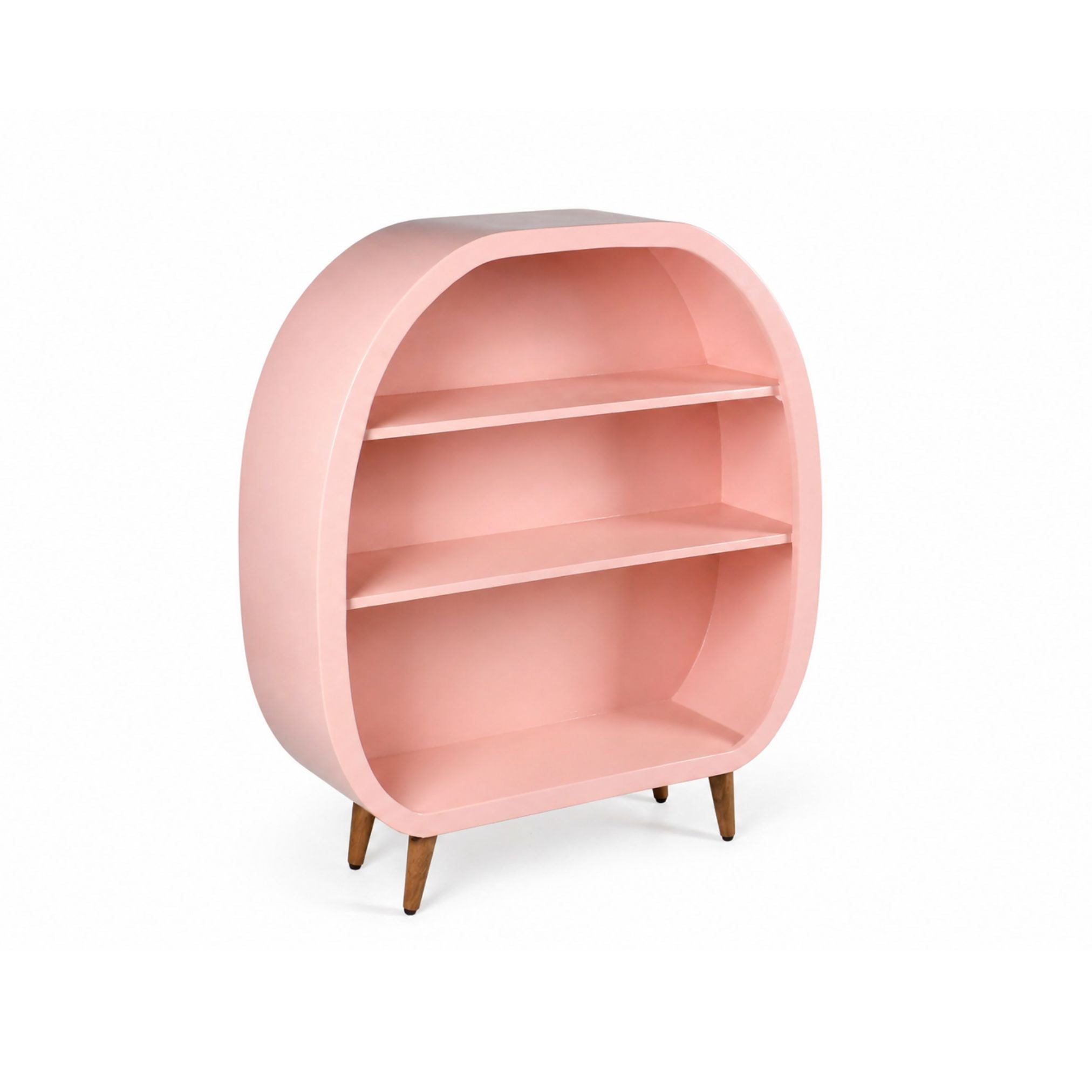Angled view of pink capsule kids bookshelf with wooden legs and modern curved design