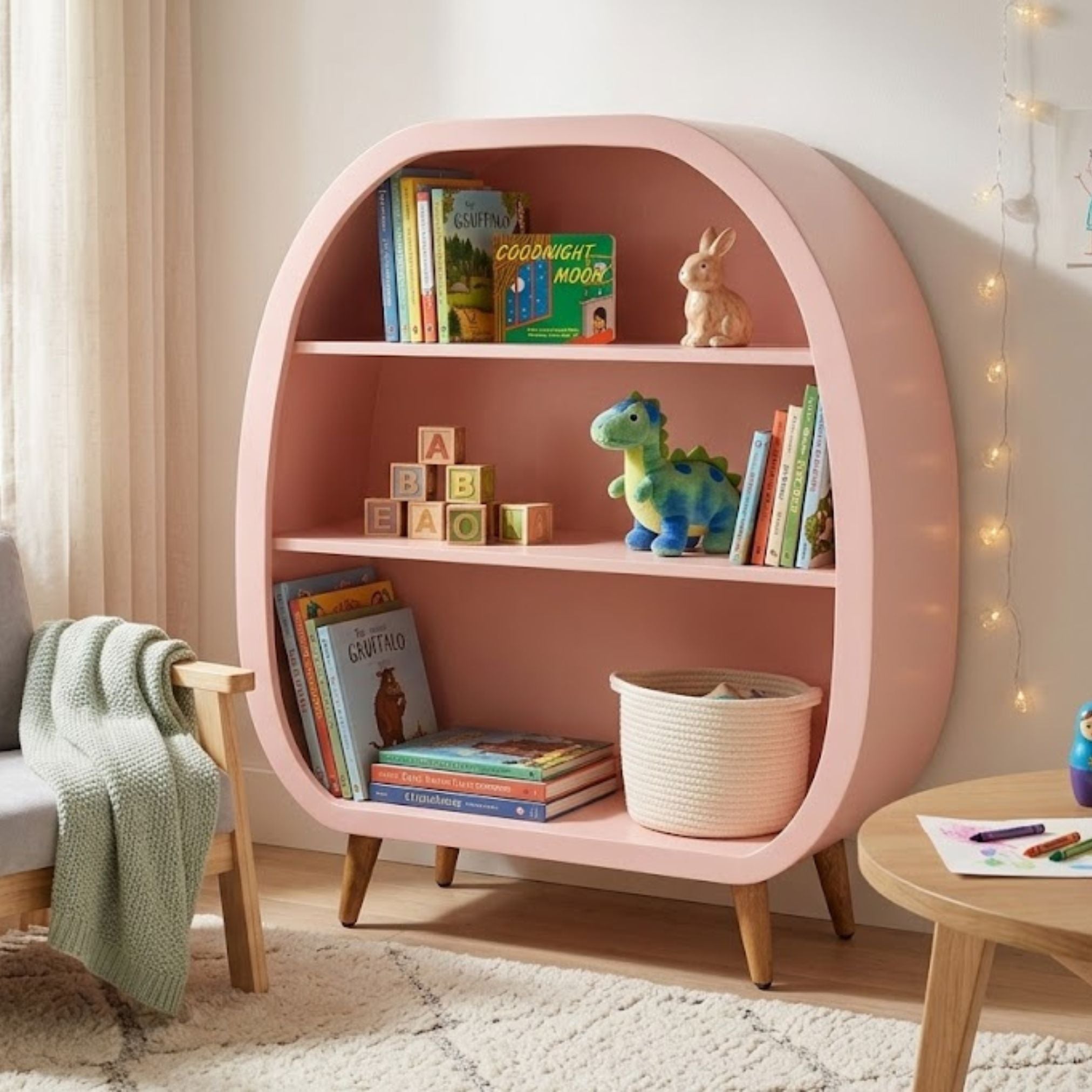 Capsule wooden kids bookshelf in pastel pink with books and toys in a cozy kids room setup