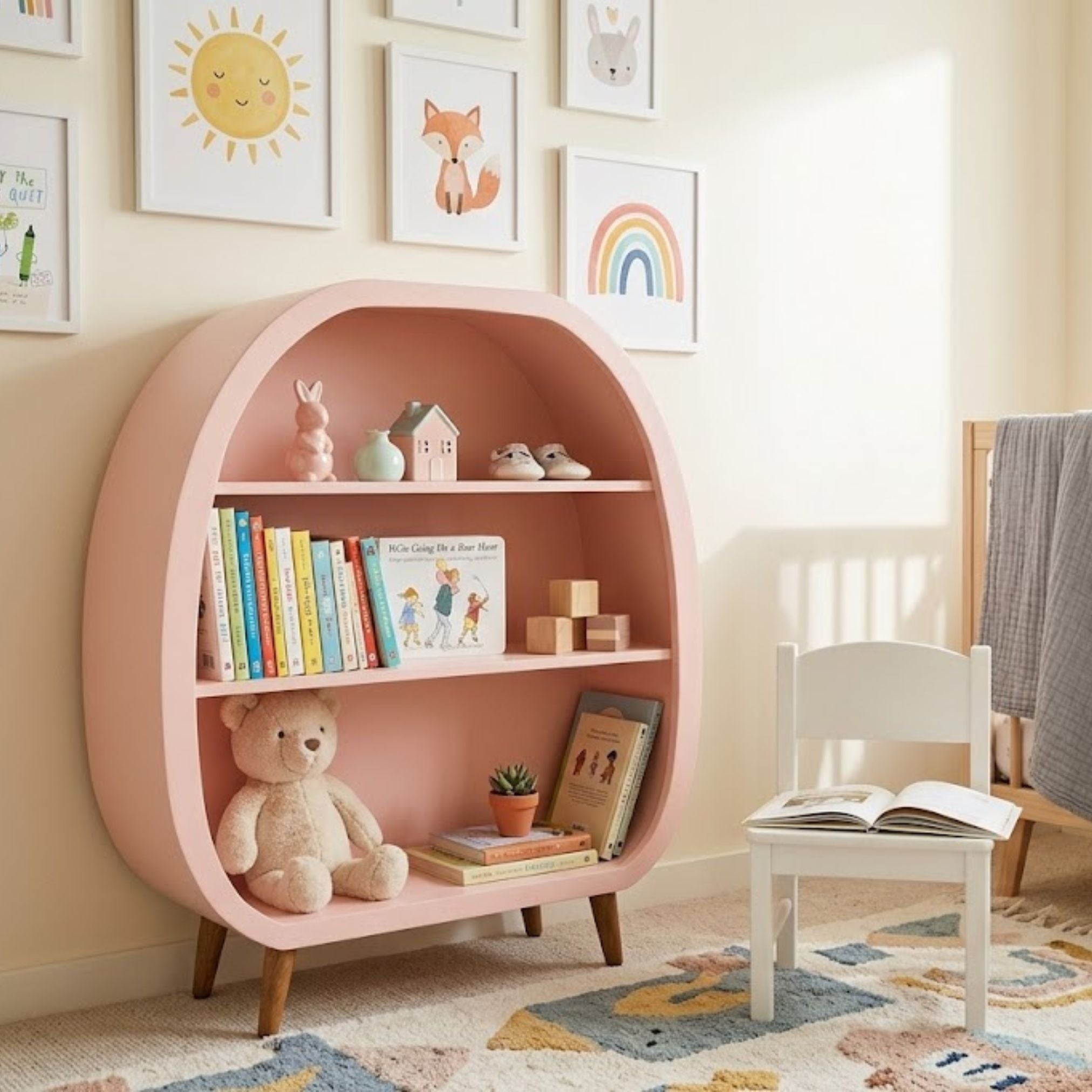 Pink capsule kids bookshelf with wooden legs styled in nursery with wall art and soft decor