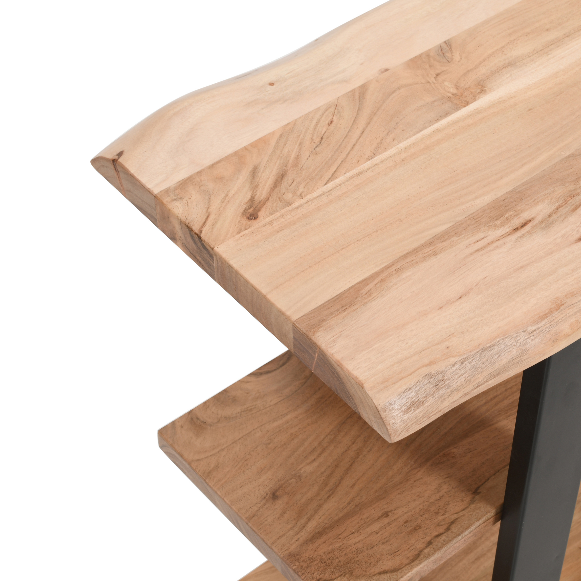 Close-up detail of live edge acacia wood top on Cascade Console Table with natural wood grain texture