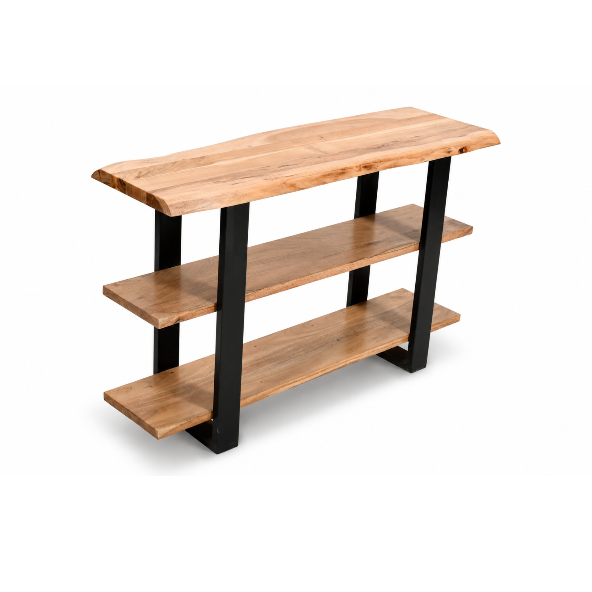 Angled view of Cascade Console Table crafted from live edge acacia wood with black metal frame.