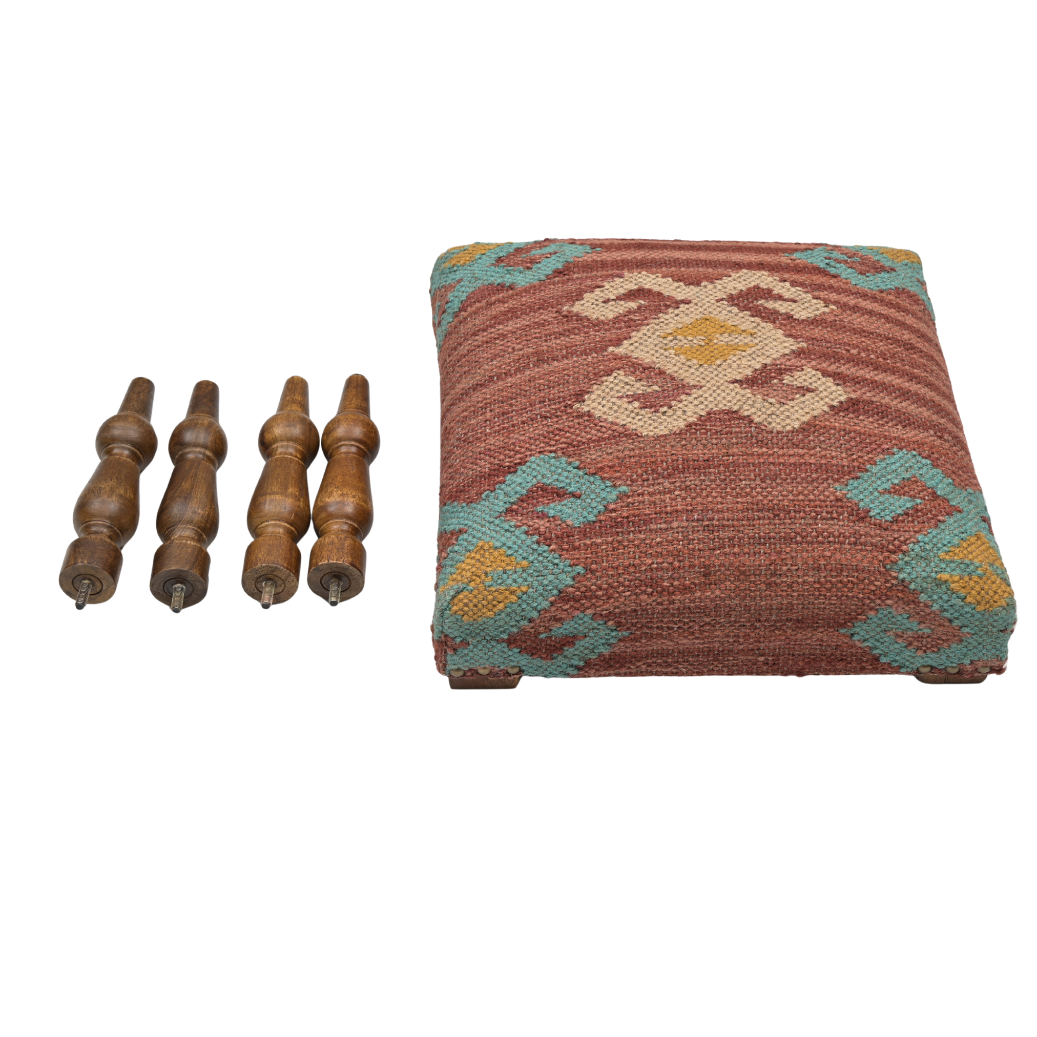 Cinder handcrafted kilim upholstered wooden stool with detachable turned wooden legs displayed beside the upholstered seat