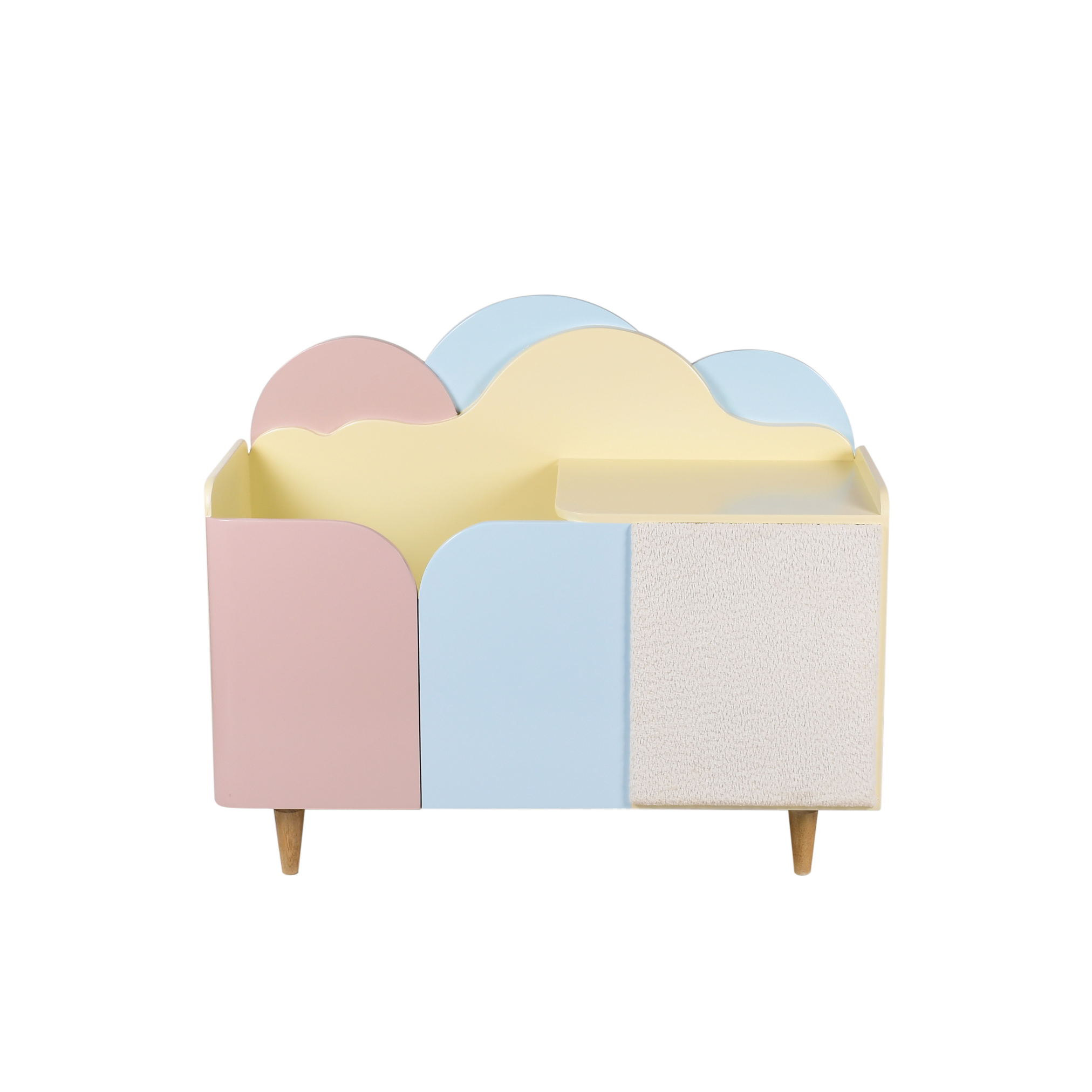 Front view of Cloud Wooden Kids Storage Unit in pastel pink blue and cream finish