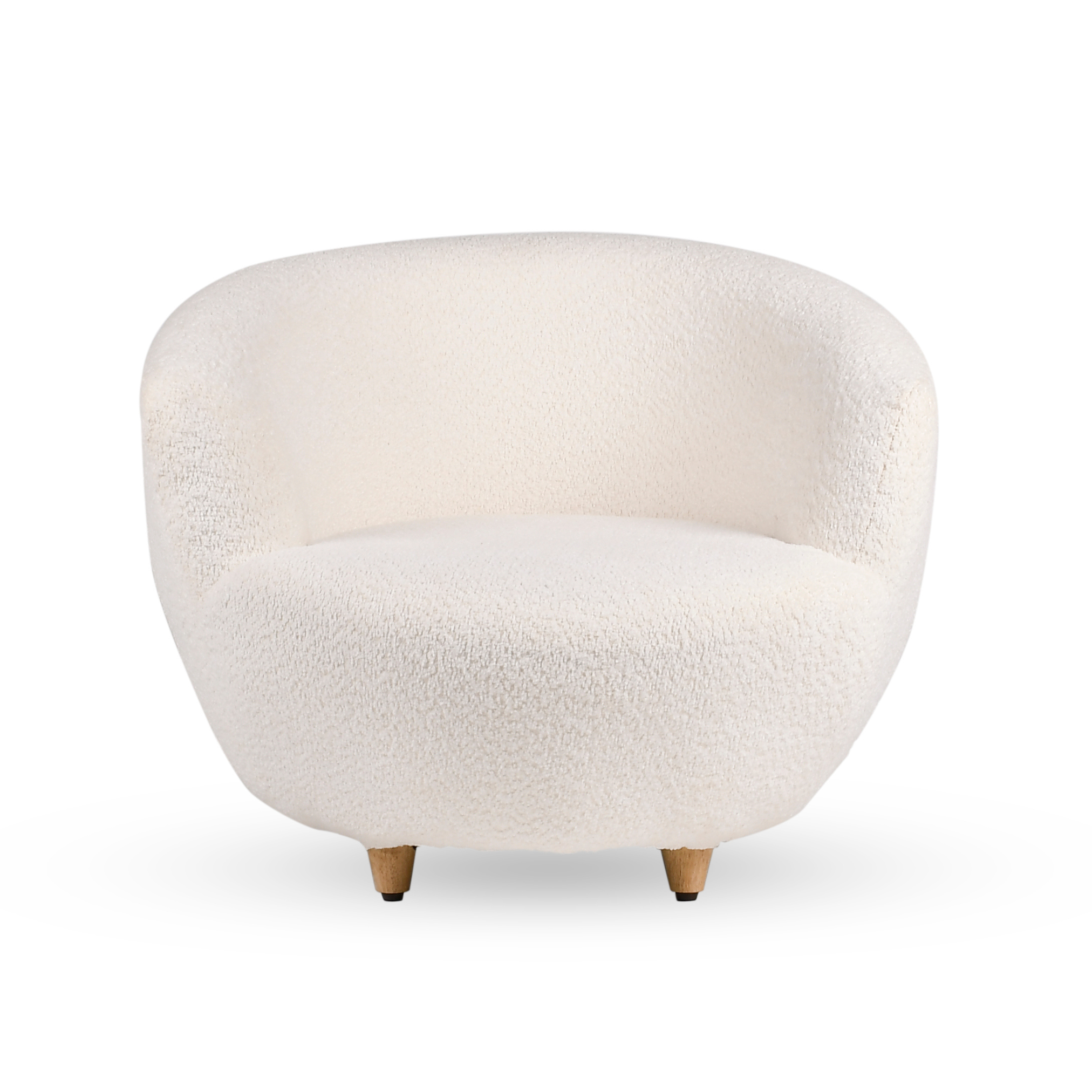 Front view of Cocoon upholstered kids lounge chair in soft cream boucle upholstery