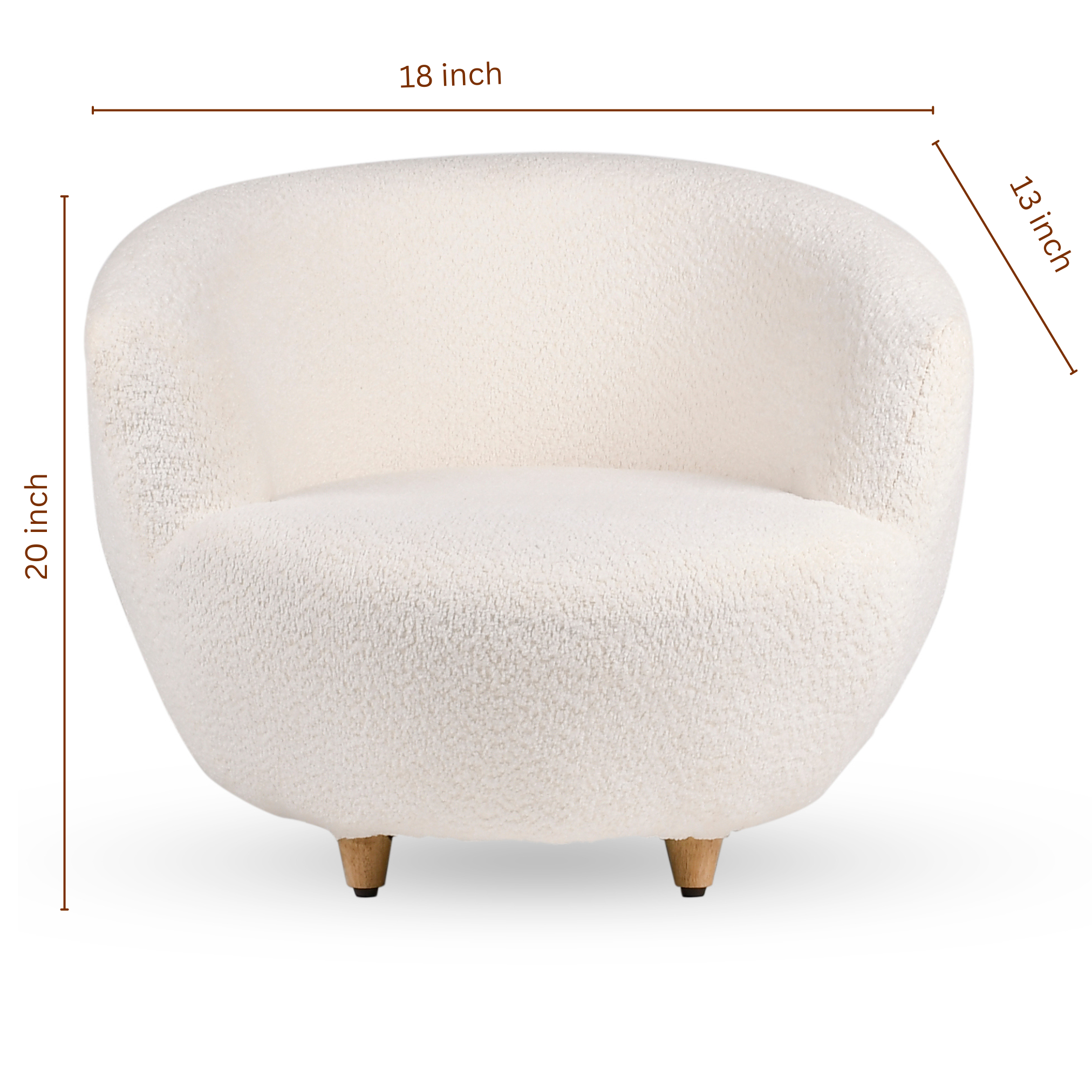 Cocoon upholstered kids lounge chair dimensions showing 18 inch width, 20 inch height, and 13 inch depth