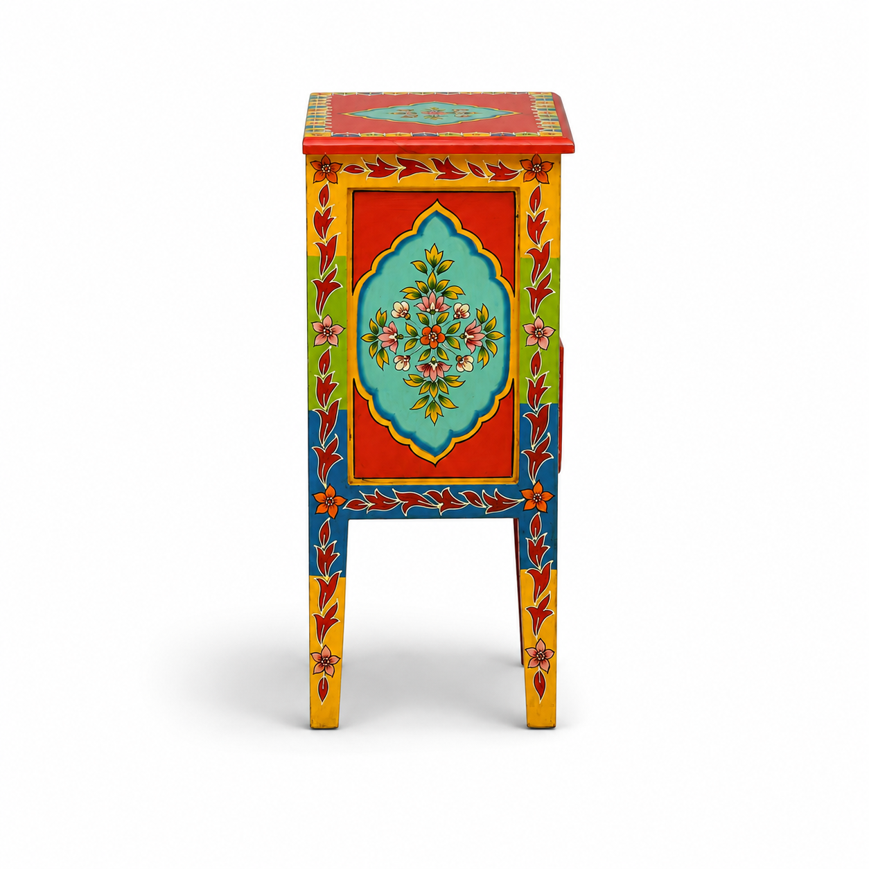 Hand-painted Coral Bloom Bedside Table featuring floral motifs, two drawers, and colorful artisan craftsmanship.