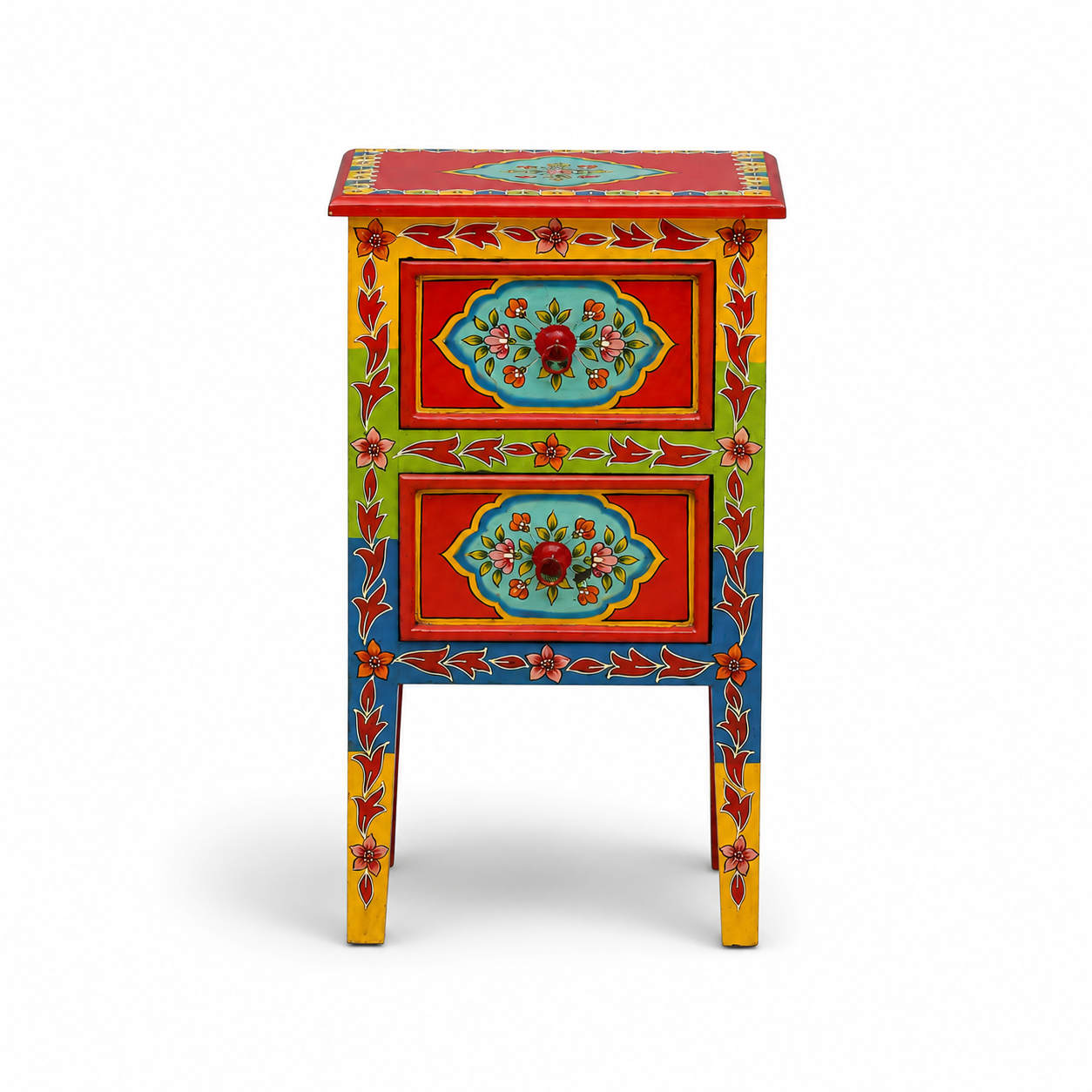 Front view of Coral Bloom Bedside Table featuring two drawers and intricate hand-painted floral detailing.