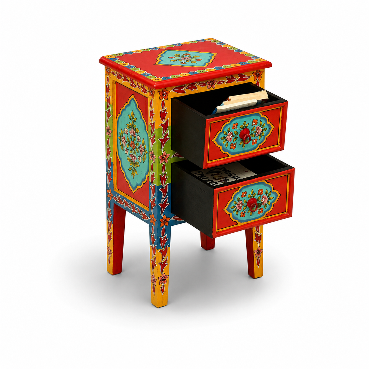 Coral Bloom Bedside Table with two open drawers displaying spacious storage and vibrant hand-painted floral artwork