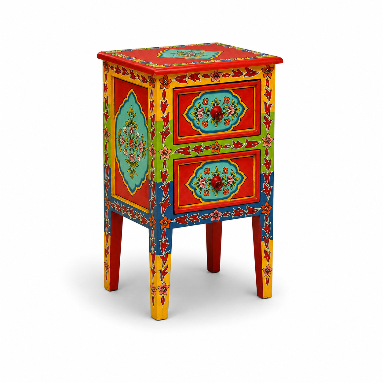 Side profile of Coral Bloom Bedside Table showcasing colorful floral artwork and handcrafted wooden construction.