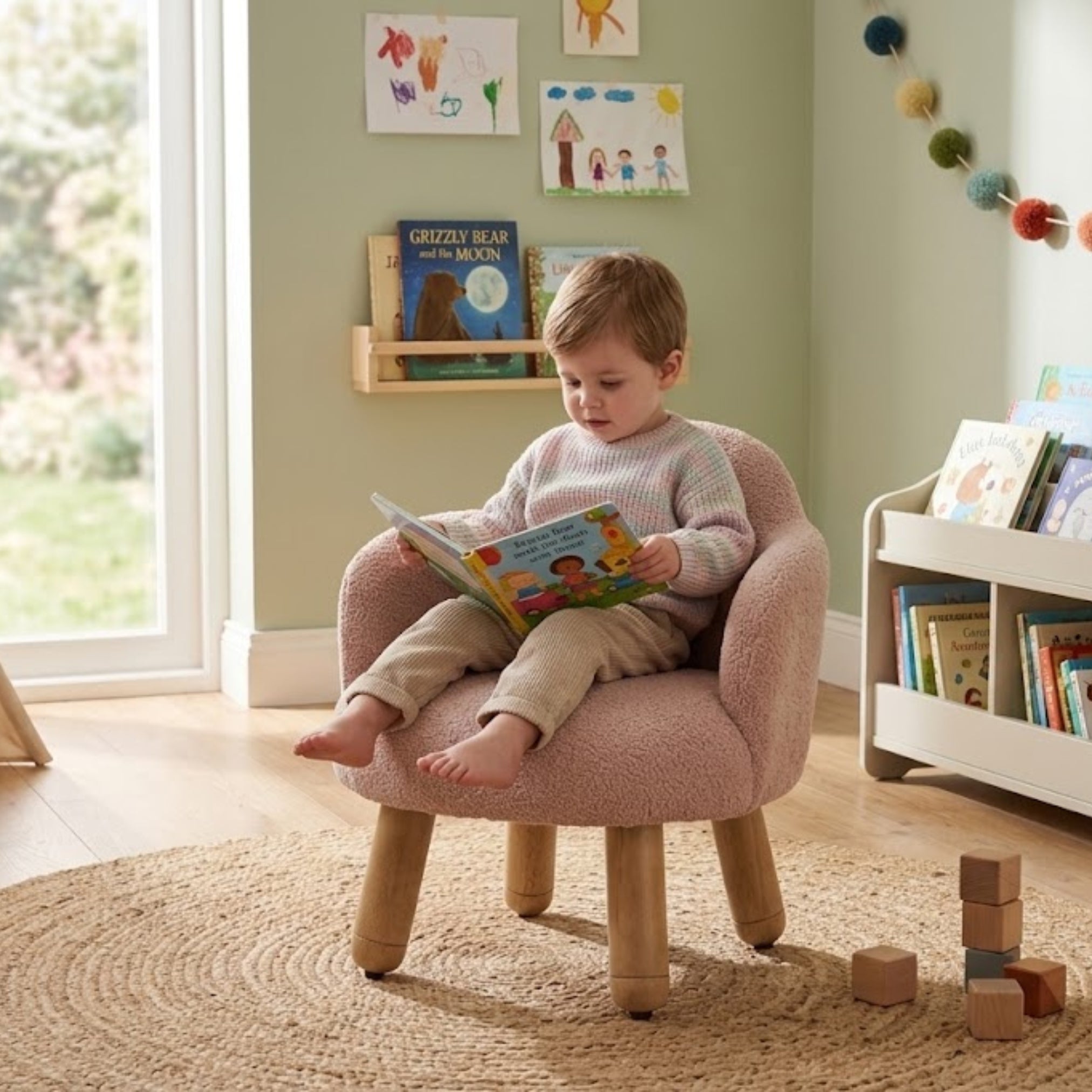 Child sitting on pink upholstered kids lounge chair reading book in modern kids room