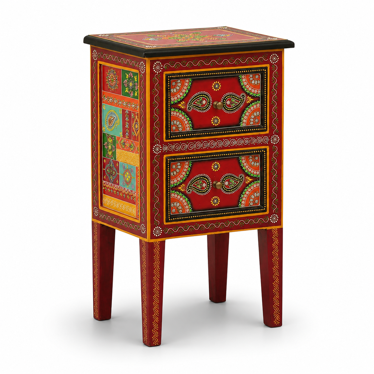 Angled view of Crimson Paisley Side Table with two hand-painted drawers, intricate paisley motifs, and vibrant red artisan finish.