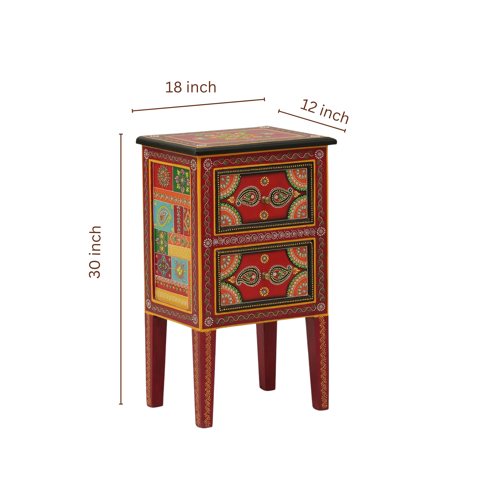 Crimson Paisley Side Table dimensions showing 30-inch height, 18-inch width, and 12-inch depth.