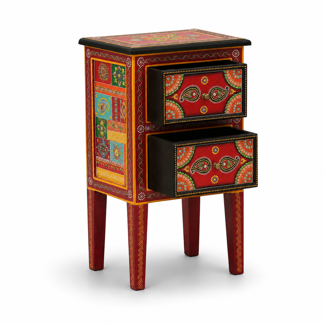 Crimson Paisley Side Table with two pull-out drawers open, showcasing functional bedside storage and handcrafted ethnic detailing.