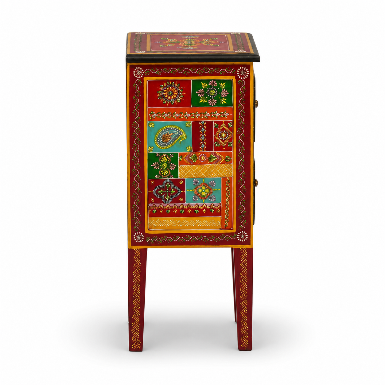 Side view of Crimson Paisley Side Table featuring colorful hand-painted floral and paisley patchwork artwork on a handcrafted wooden frame.