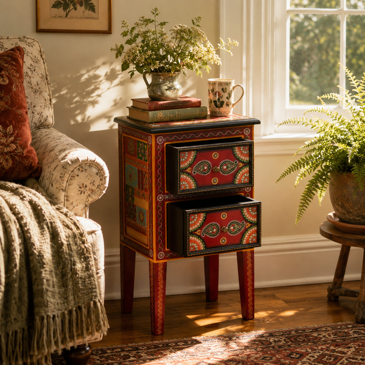Crimson Paisley Side Table with partially open drawers showcasing practical storage and decorative artistry.