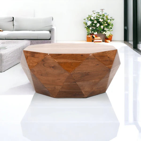 acacia wood coffee table styled in modern living room with sofa and decor