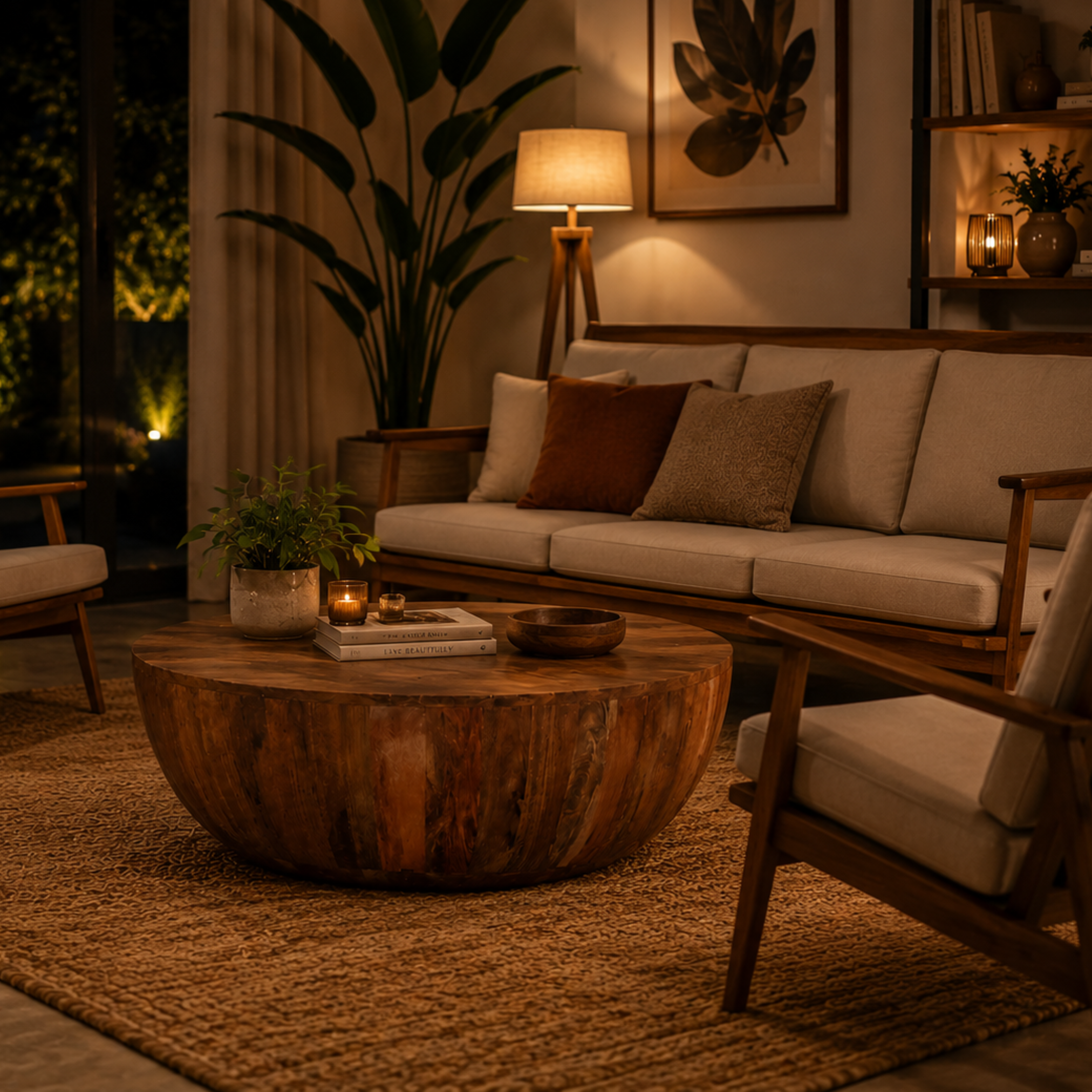 Mid-century modern living room showcasing Drumroll round mango wood coffee table with retro styling