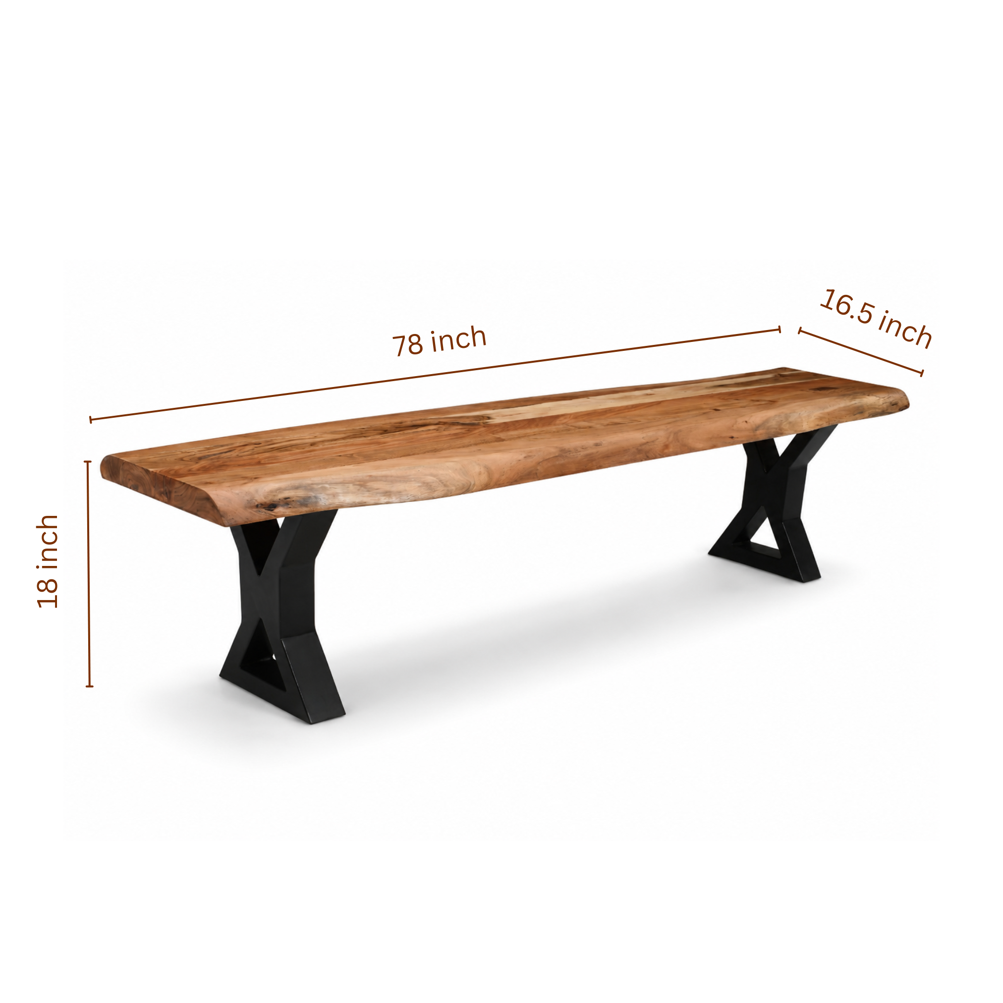 Dune X Legs Live Edge Acacia Bench light brown finish with 78 inch dimensions