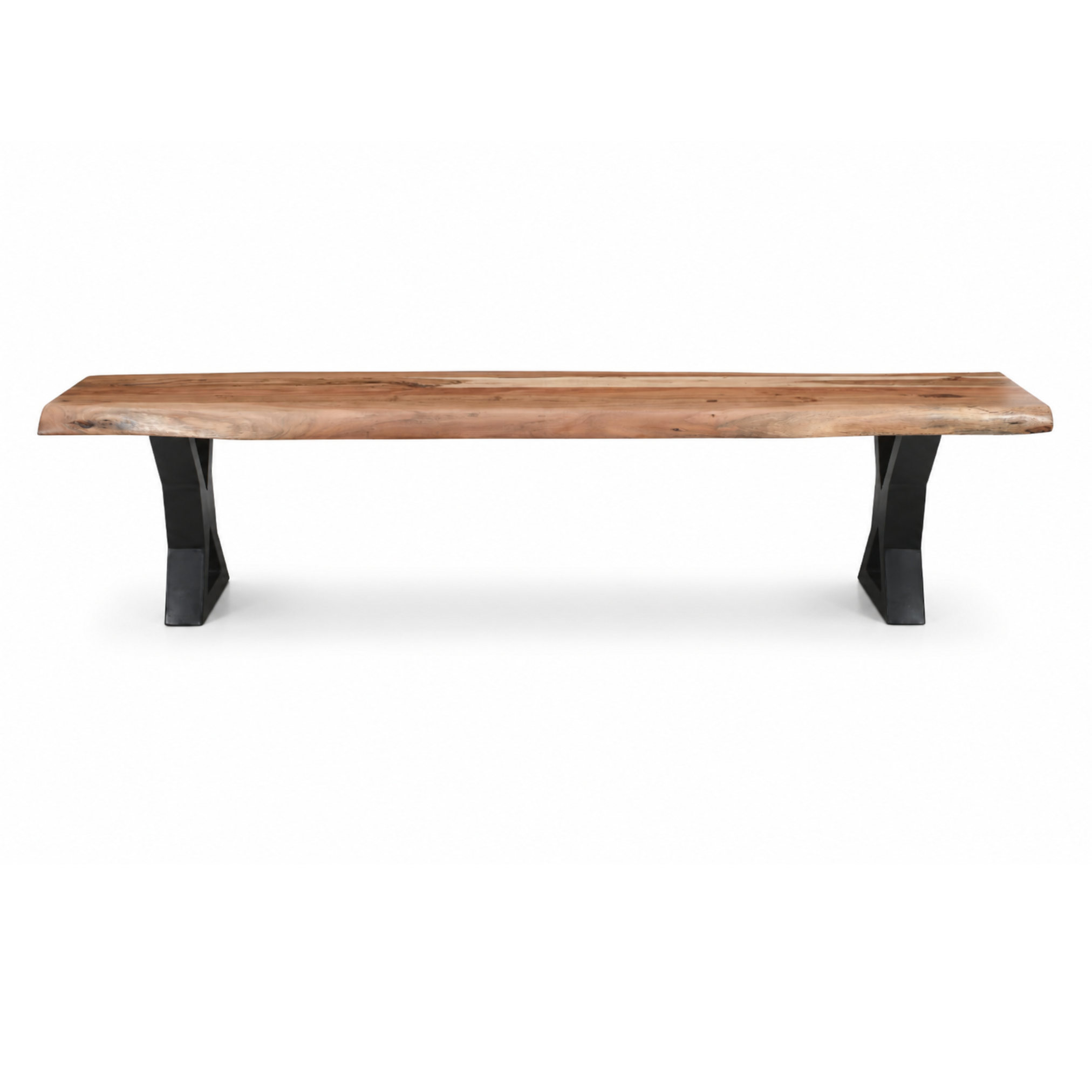 Dune X Legs Live Edge Acacia Bench in light brown finish with solid acacia wood top and black metal X legs