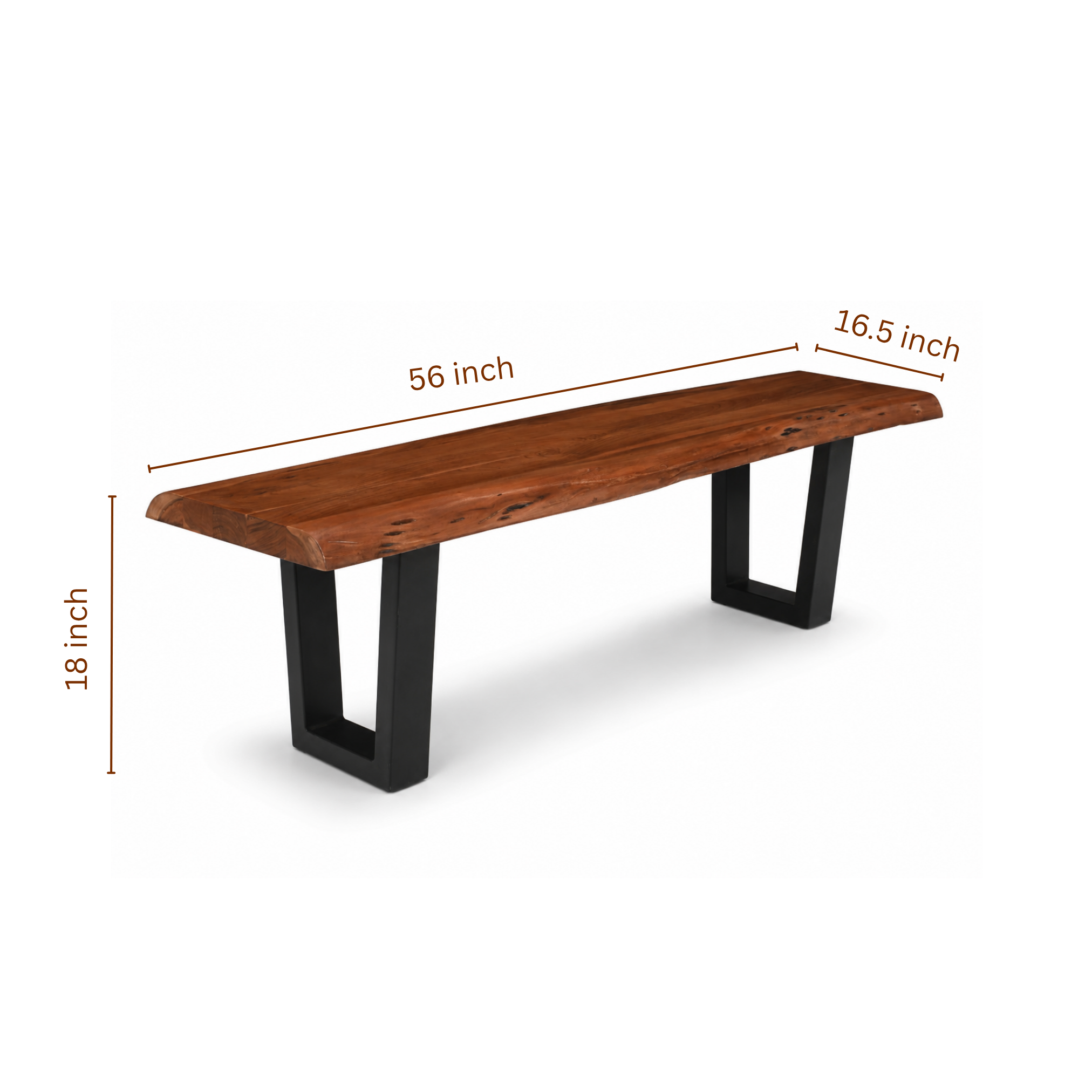 Ember U Legs Live Edge Acacia Bench dimensions – 56 inch length, 16.5 inch width, 18 inch height