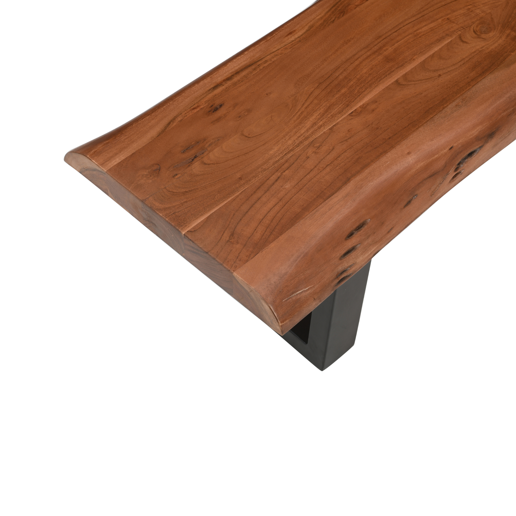 Close-up detail of Ember U Legs Live Edge Acacia Bench showing natural live edge wood texture