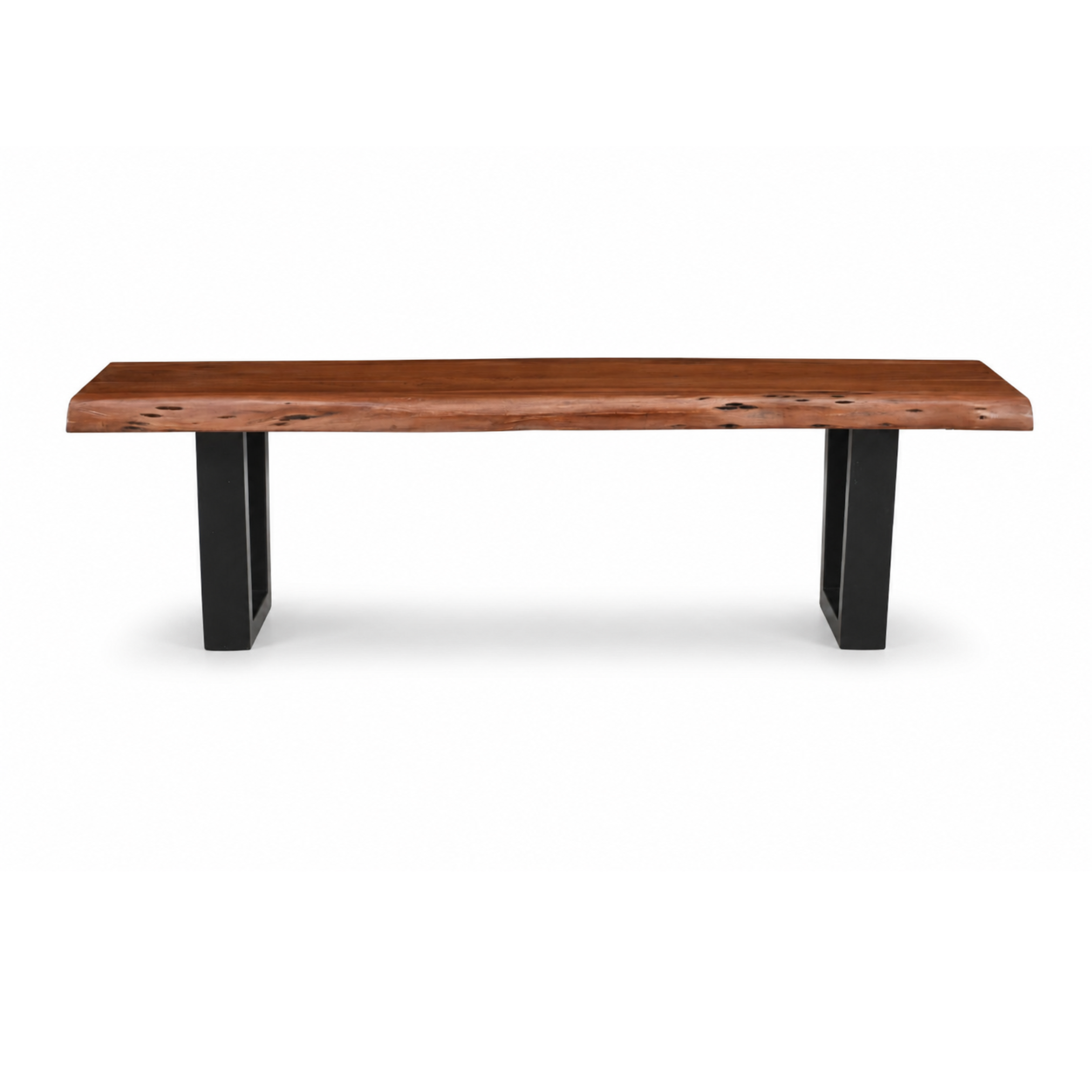 Ember U Legs Live Edge Acacia Bench in natural brown finish with black metal U legs – front view