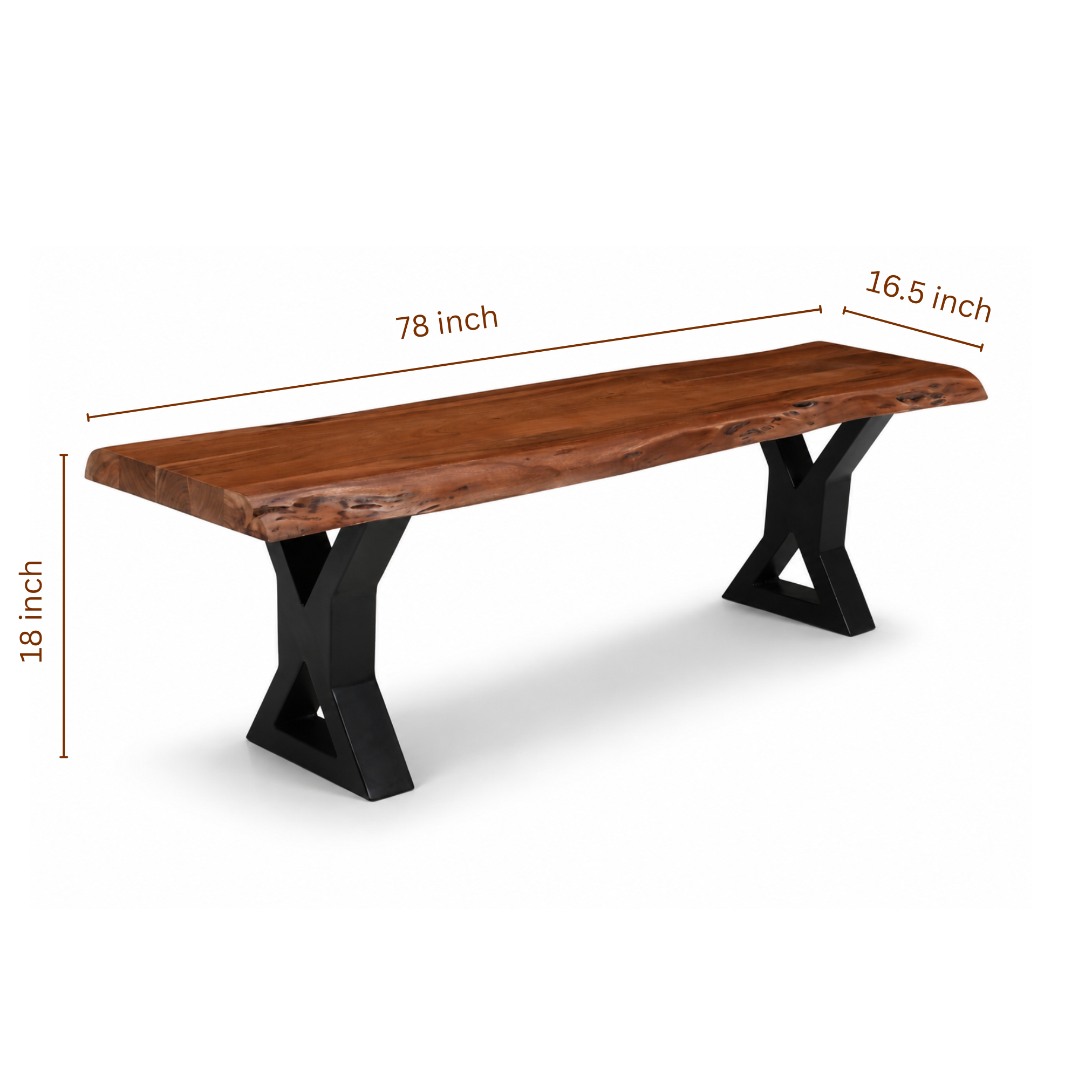 Ember X Legs Live Edge Acacia Bench 78 inch size in natural brown finish with dimension details