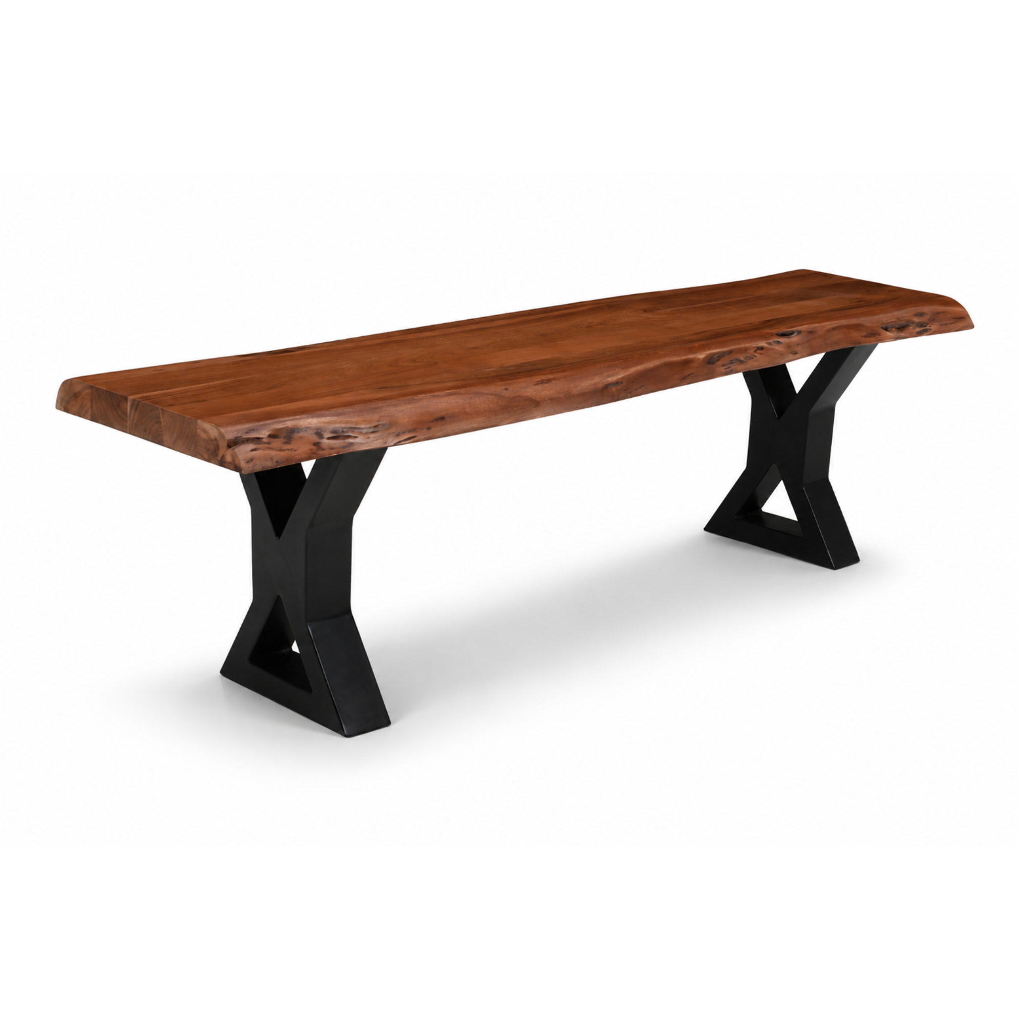 Angled view of Ember live edge acacia wood bench with black X-shaped metal legs in natural brown finish