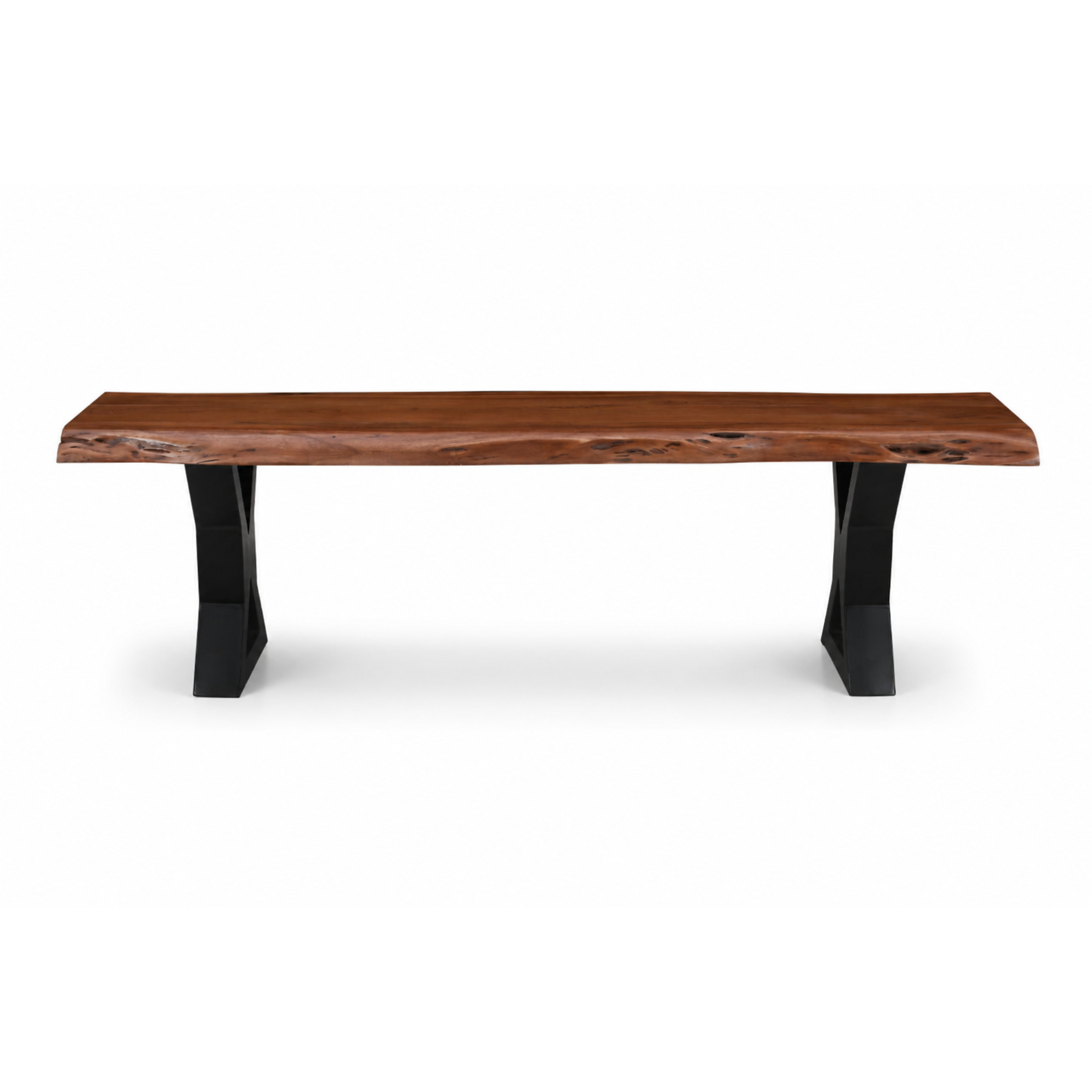 Ember X Legs Live Edge Acacia Bench in natural brown finish with black metal X legs – front view