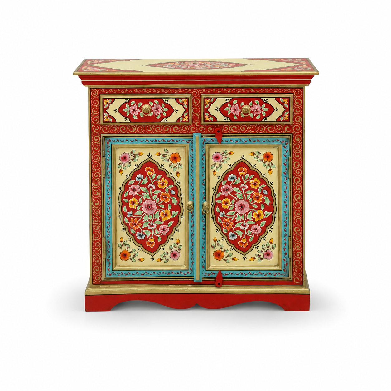 Floral Medallion Handpainted Cabinet with twin floral doors, two drawers, and colorful traditional folk art detailing.