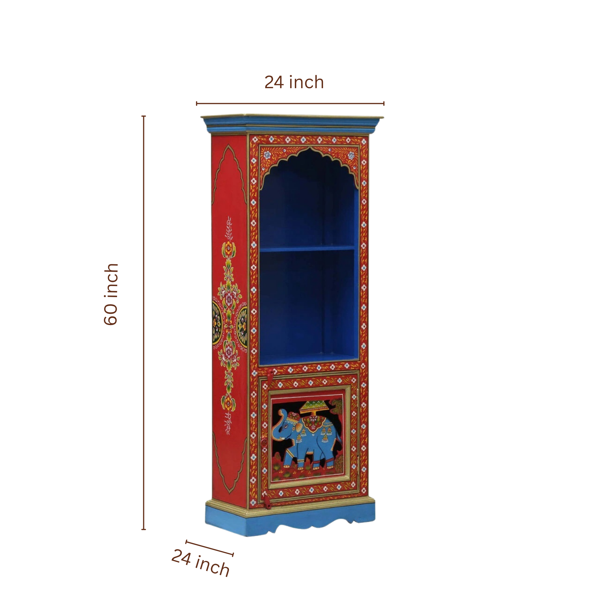 Dimensions of Folk Arch Vintage Bookshelf measuring 60 inches high, 24 inches wide, and 24 inches deep.