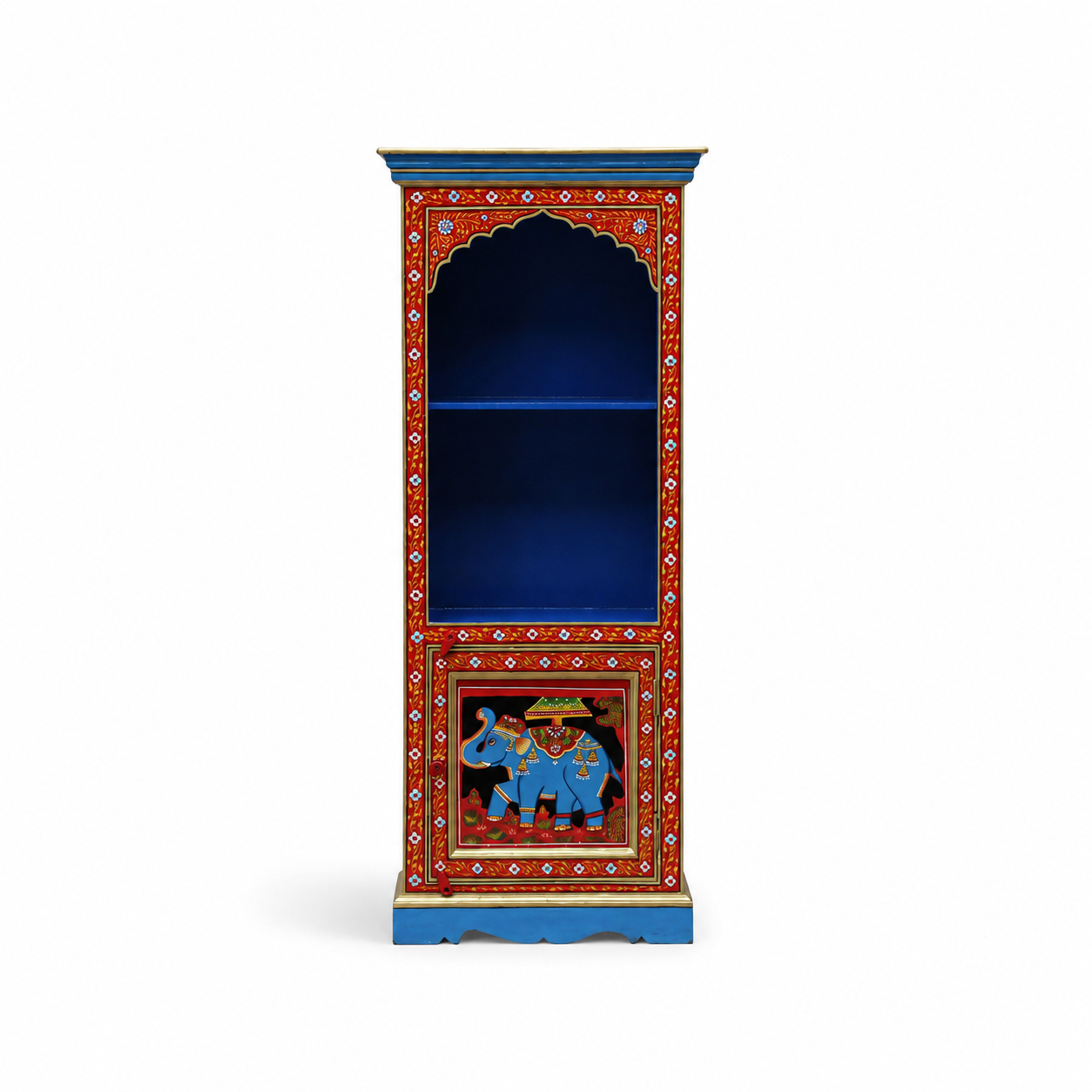 Front view of Folk Arch Vintage Bookshelf featuring hand-painted red floral detailing, blue shelving, and elephant cabinet artwork.