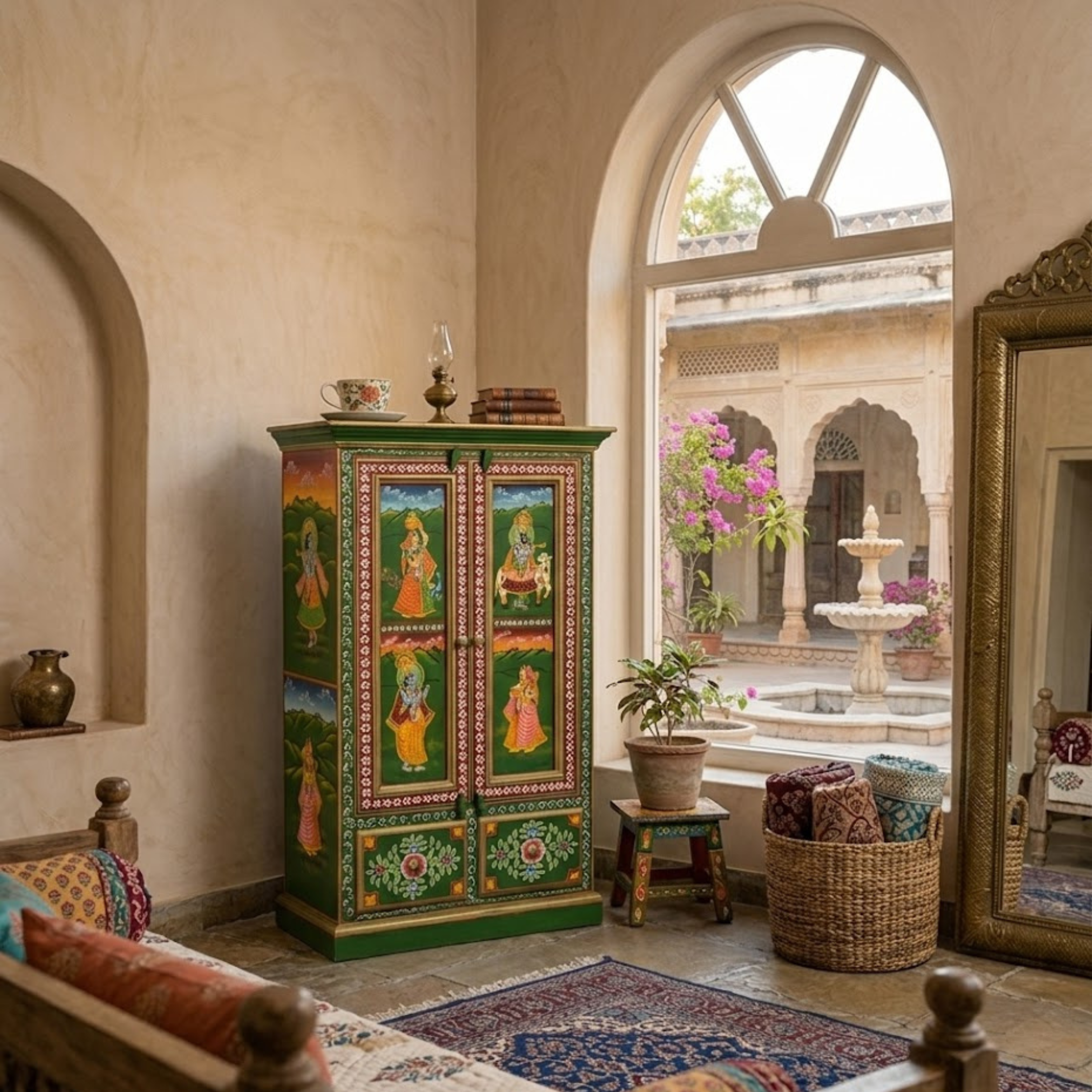 Hand-painted solid wood wardrobe cabinet in traditional Indian bedroom interior with floral and folk art detailing