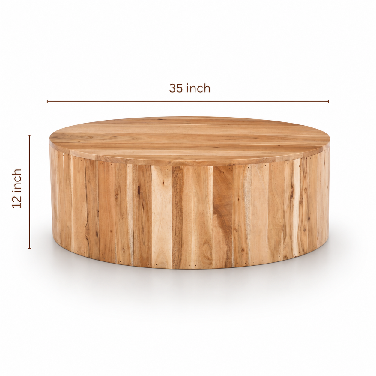 Halo Round Drum Coffee Table dimensions 35 inch diameter and 12 inch height in solid acacia wood