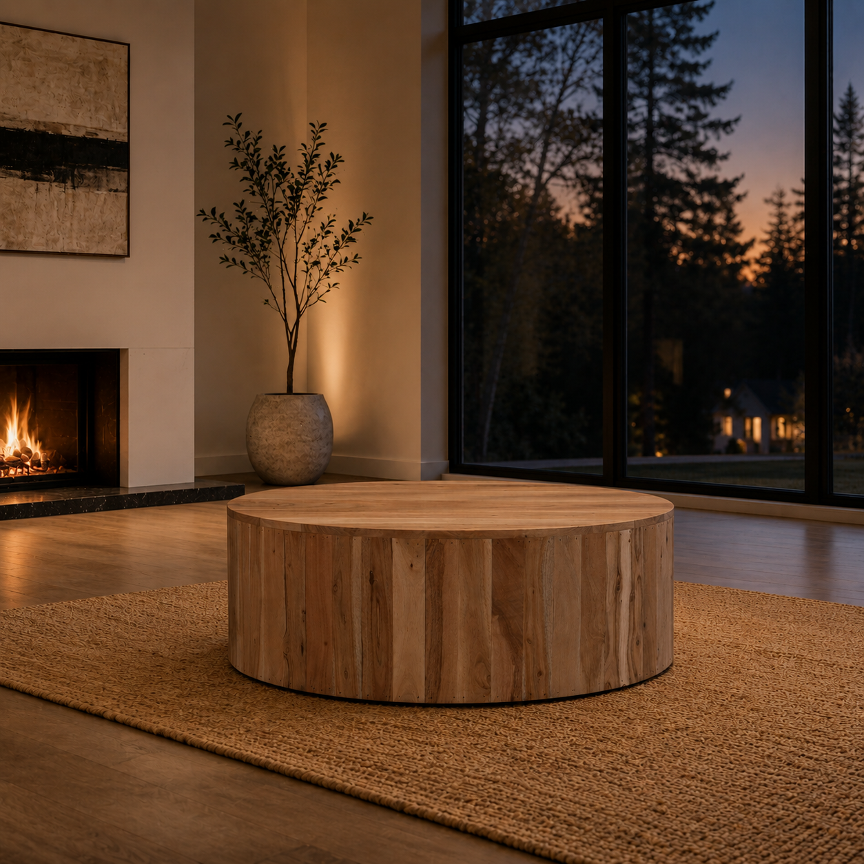Halo Round Drum Coffee Table in a modern Canadian home during evening with fireplace, large windows, and warm ambient lighting.