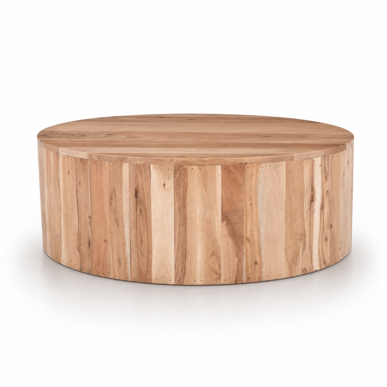 Halo Round Drum Coffee Table featuring a minimalist cylindrical silhouette crafted from solid acacia wood