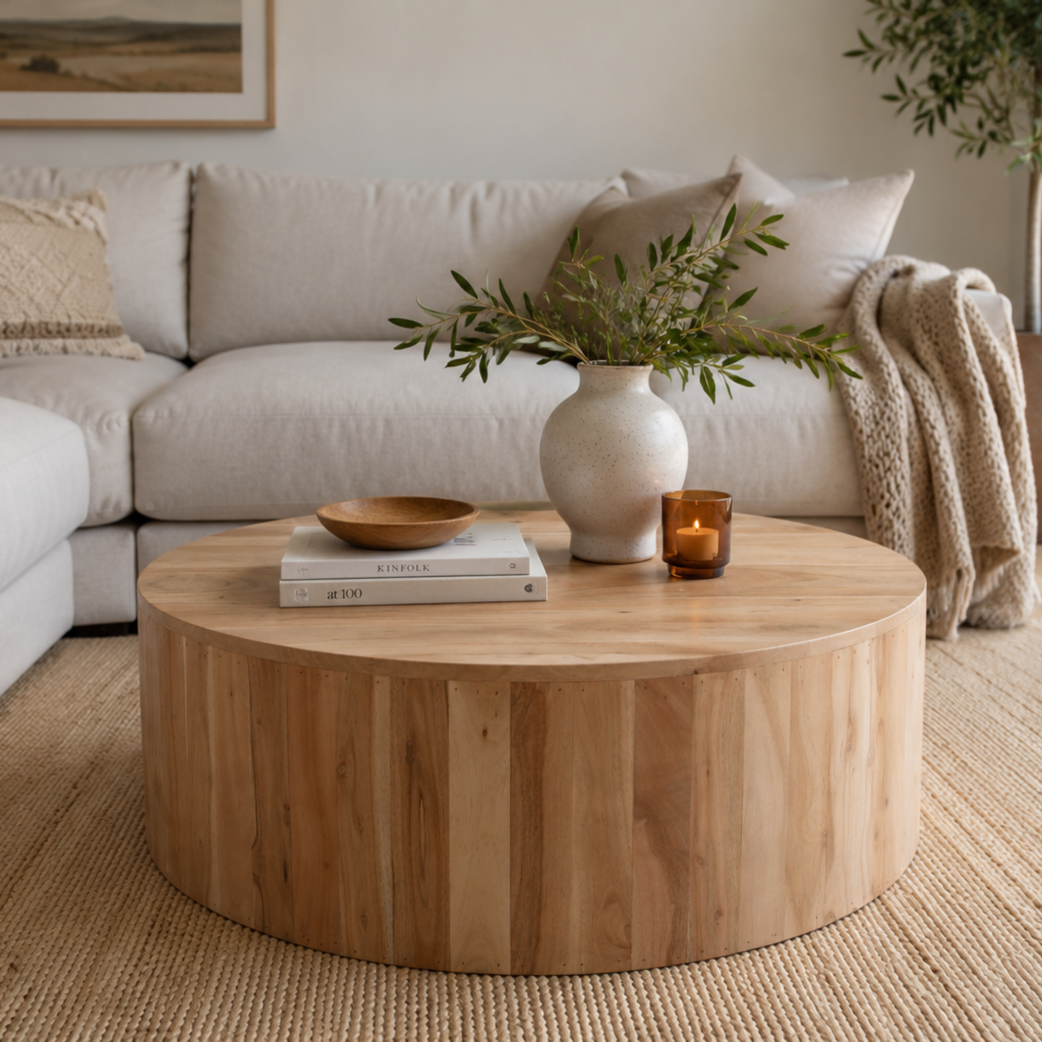 Halo Round Drum Coffee Table crafted from solid acacia wood styled in a warm modern living room with decorative vase, books and candle