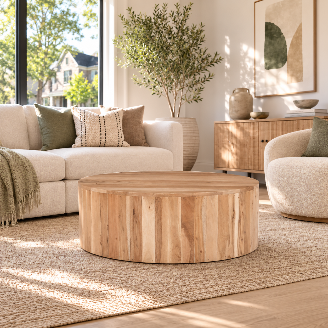 Halo Round Drum Coffee Table in a bright Canadian living room with natural morning sunlight, neutral furniture, and minimalist décor.