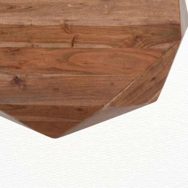 close up detail of handcrafted acacia wood coffee table showing texture and finish