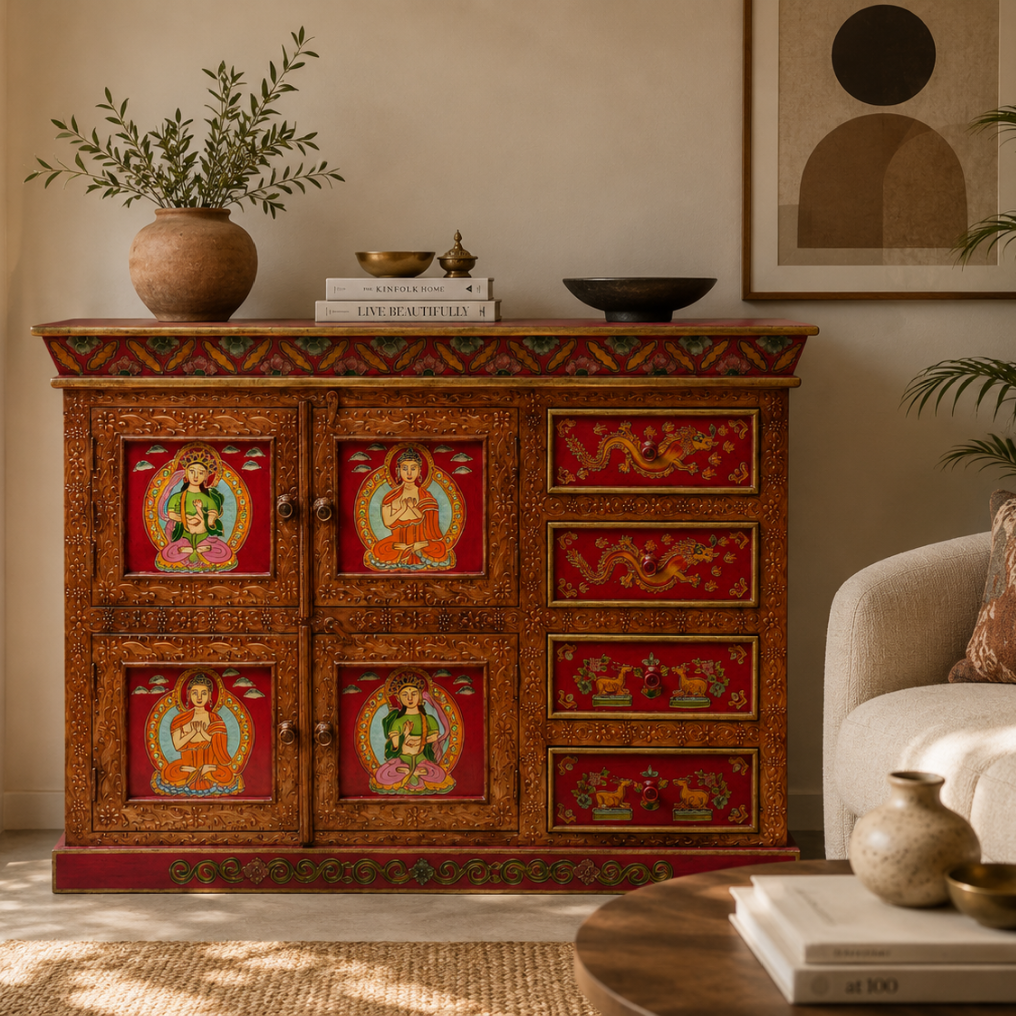 Heritage Panel Sideboard hand-painted wooden storage cabinet styled in a warm bedroom interior