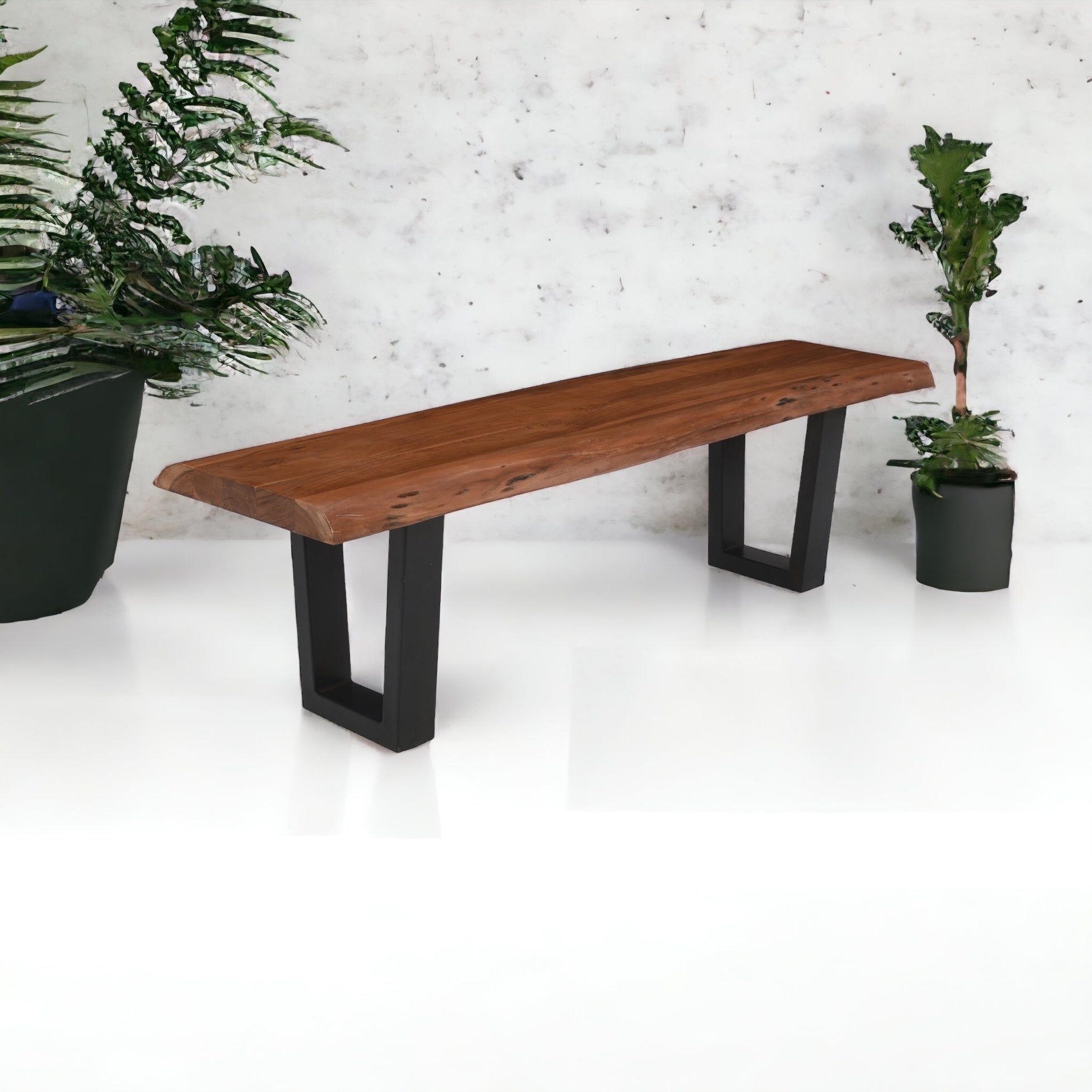 Bench Live Edge Acacia Wood U Metal Legs Natural Brown Color