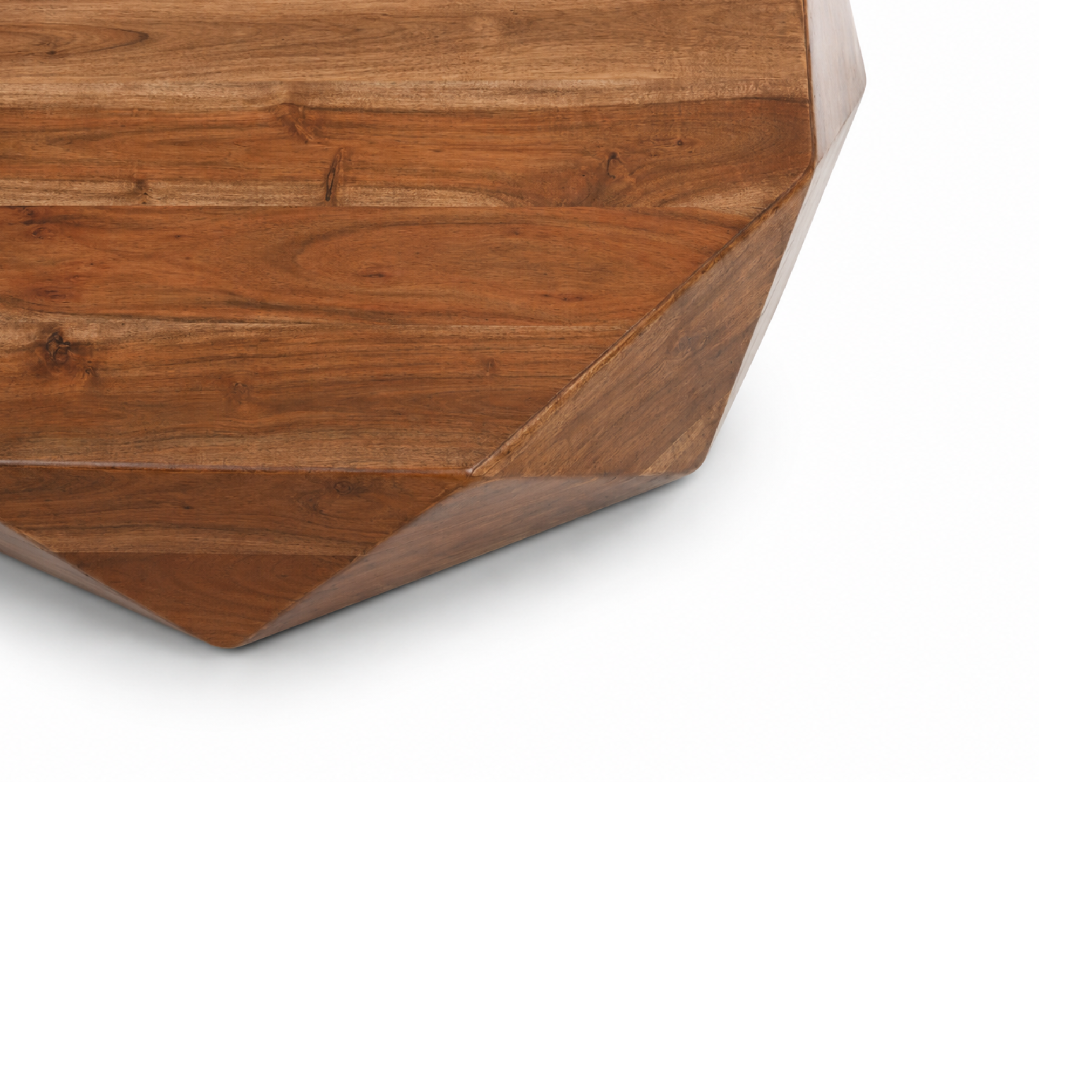 Close-up corner detail of Imperial Acacia solid wood diamond shape coffee table with handcrafted geometric edges.