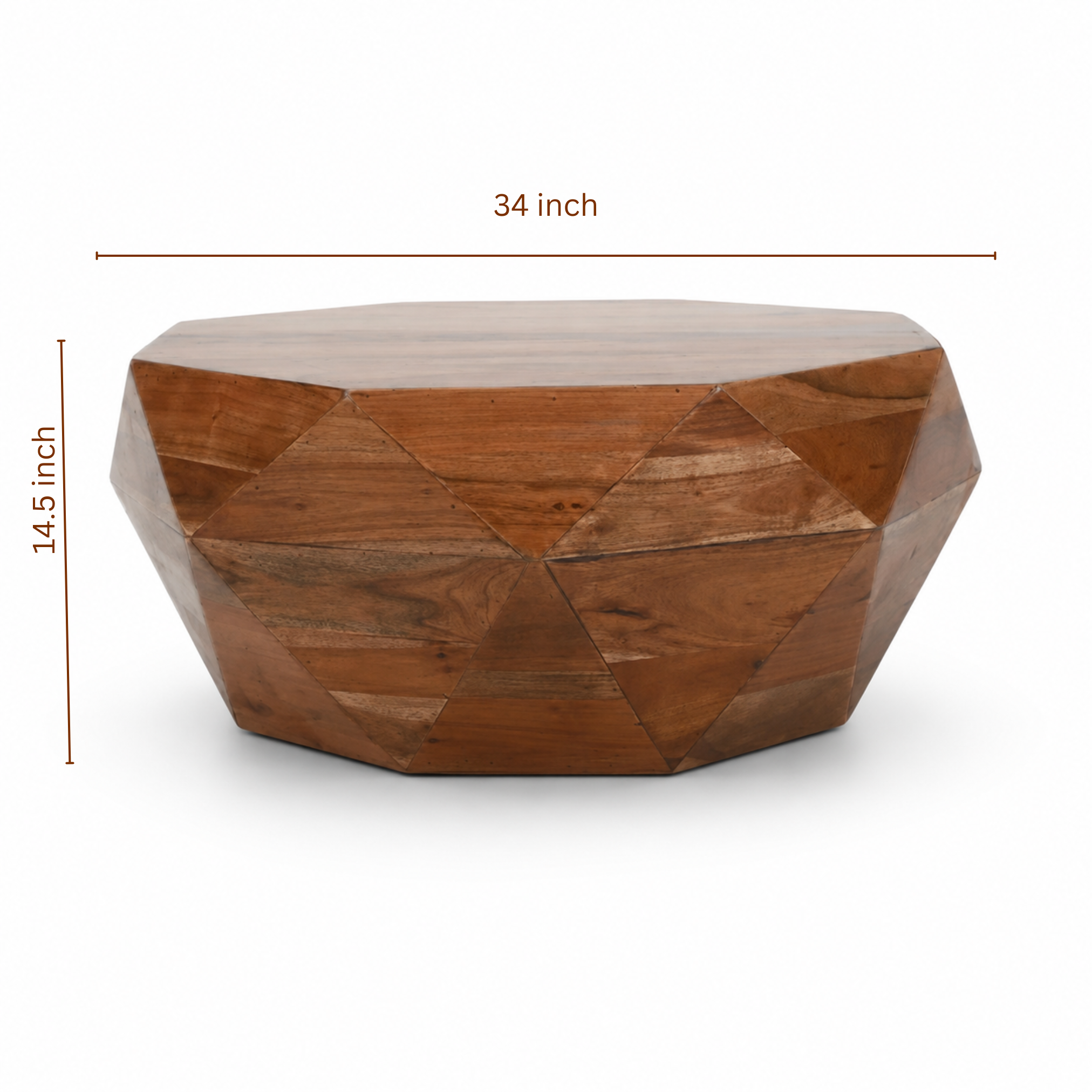 Dimension image of Imperial Acacia solid wood diamond coffee table showing 34 inch width and 14.5 inch height.