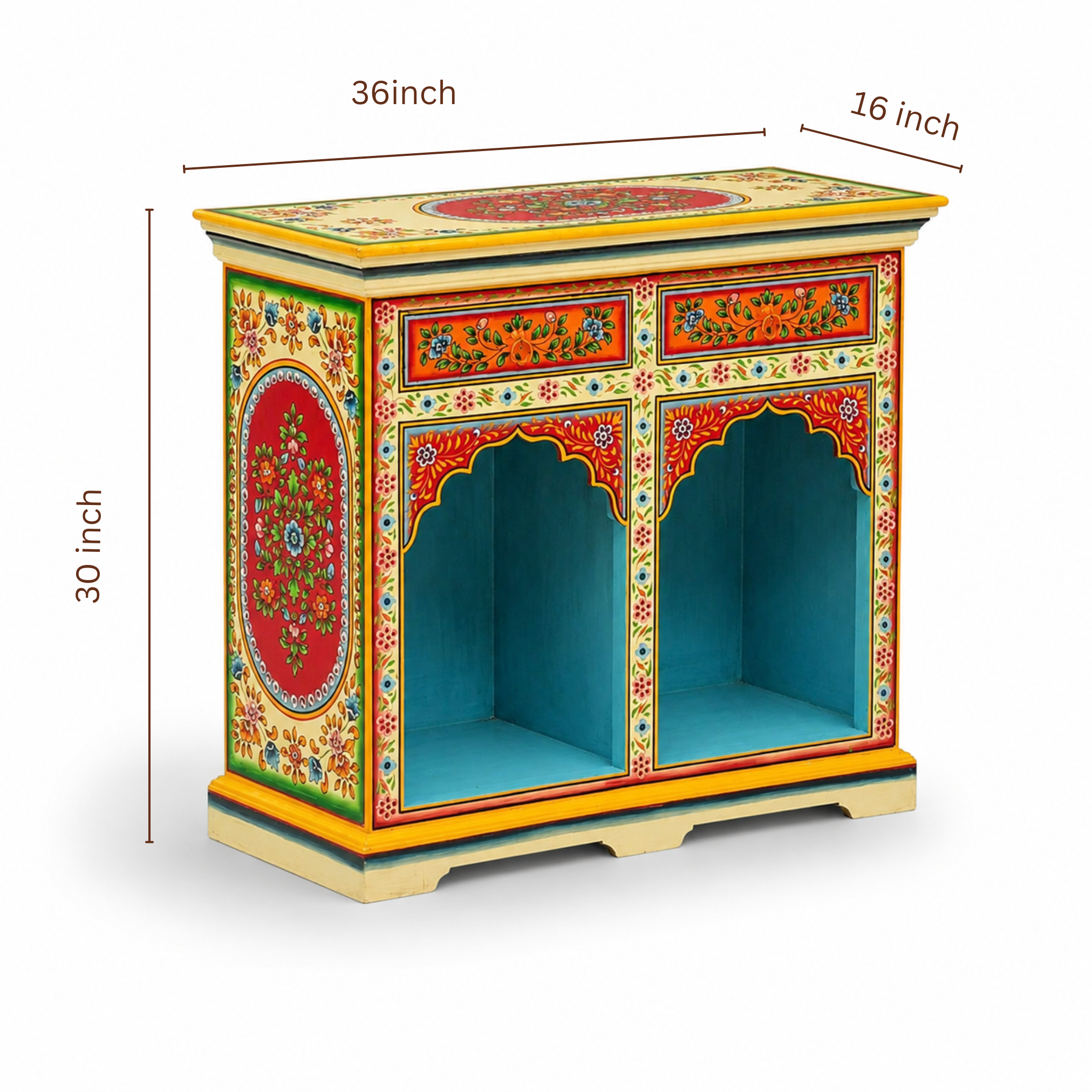 Decorative cabinet with colorful floral patterns and measurements on a white background