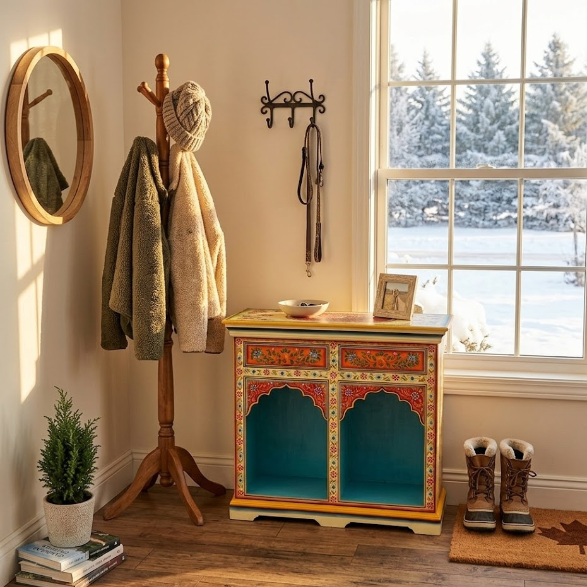 Hand-painted Ivory Arch Console Table used as hallway storage cabinet with decorative accents