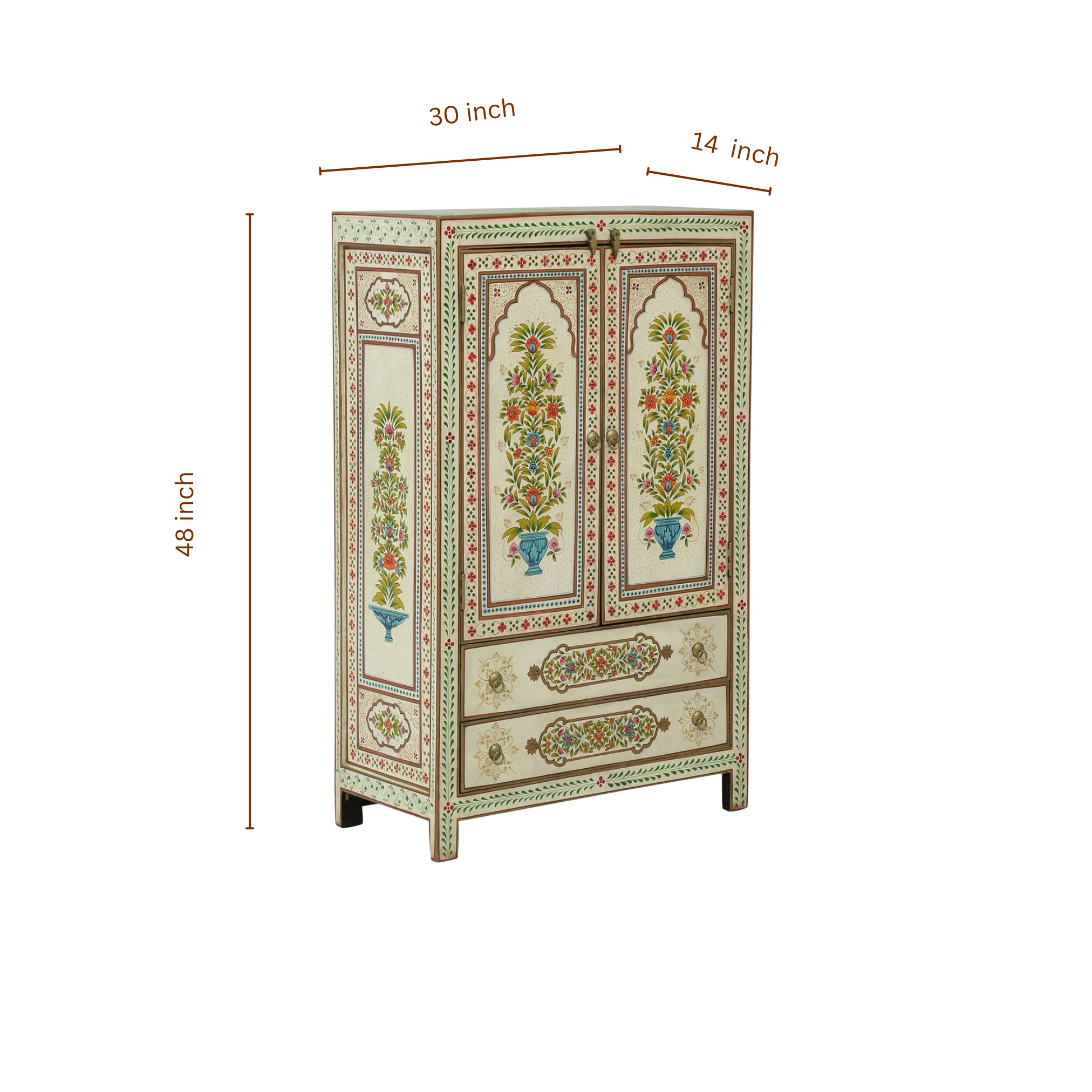 Decorative cabinet with floral patterns and measurements on a white background